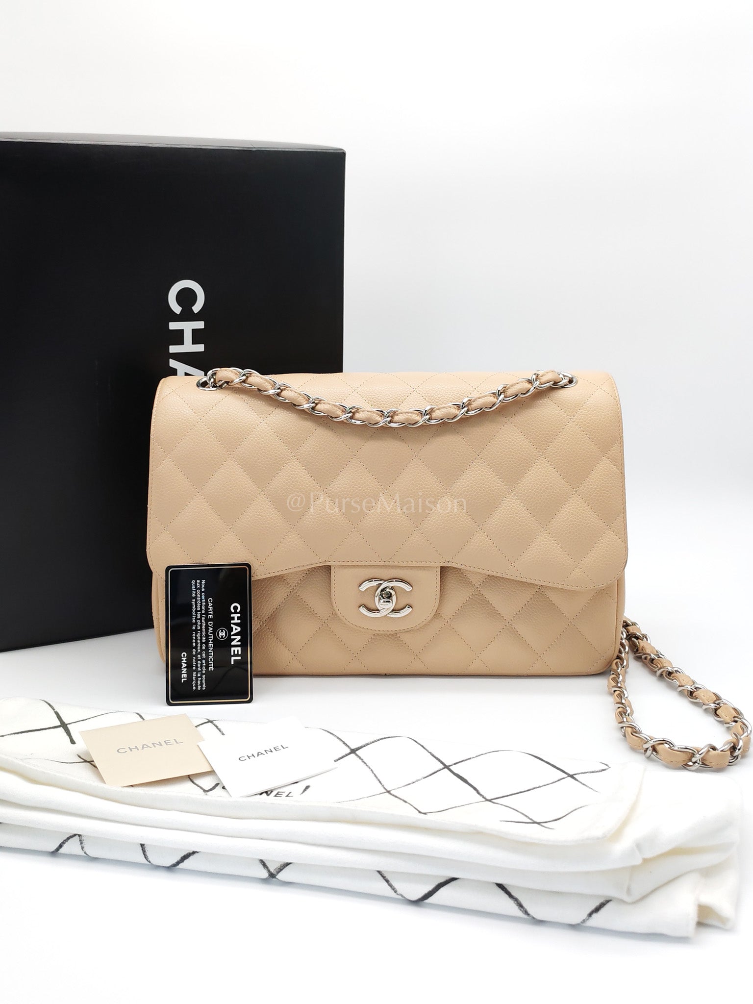 Classic Double Flap Jumbo in Beige Quilted Caviar Leather and Silver Hardware Series 14 | Purse Maison Luxury Bags Shop