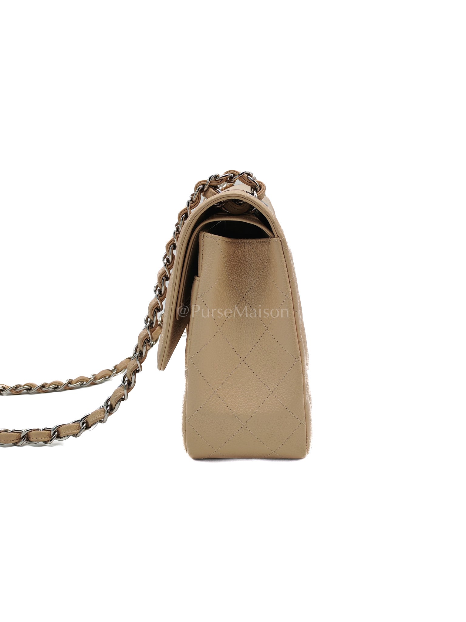 Classic Double Flap Jumbo in Beige Quilted Caviar Leather and Silver Hardware Series 14 | Purse Maison Luxury Bags Shop