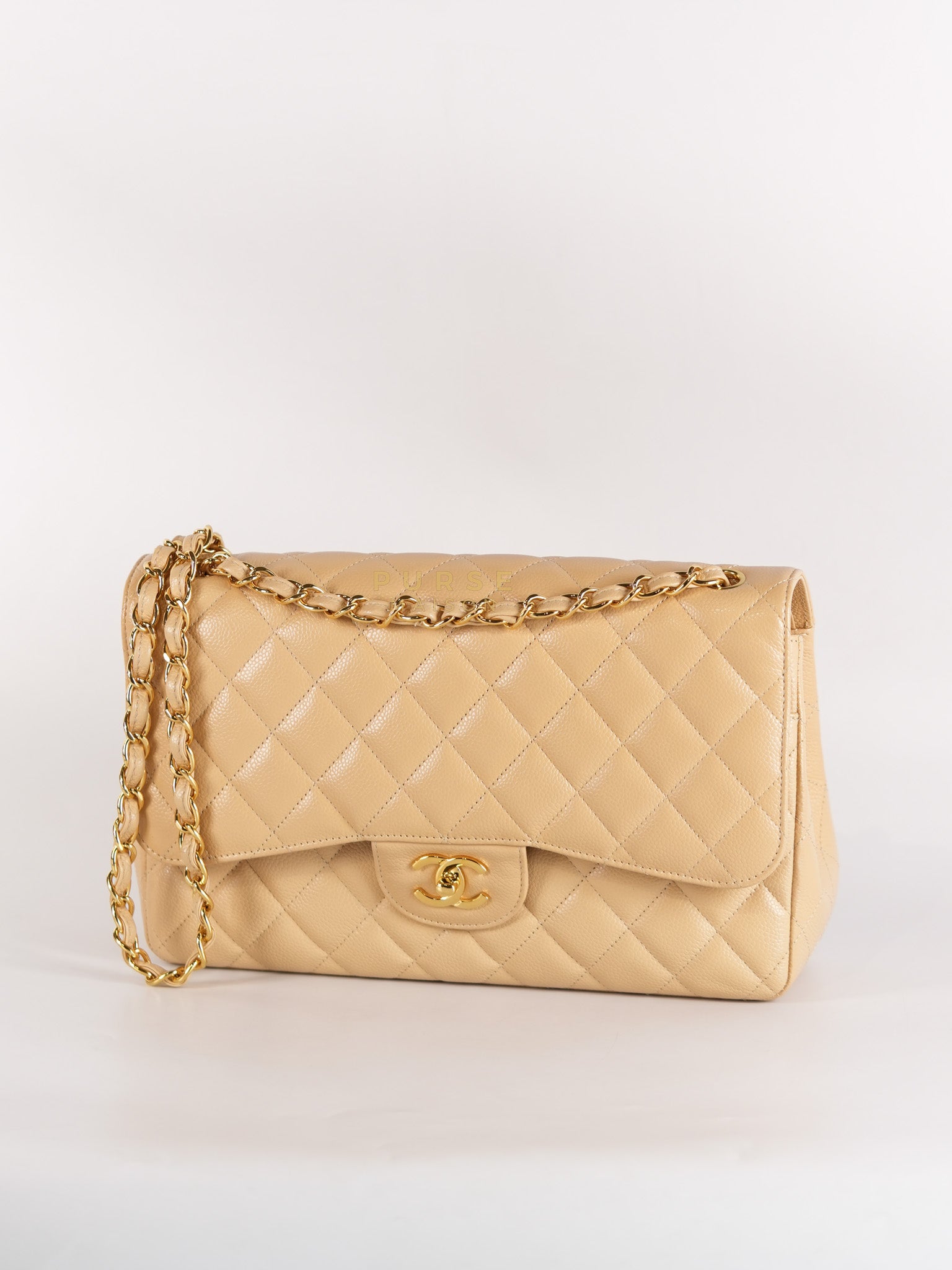 Classic Double Flap Jumbo in Beige Quilted Caviar Leather & Gold Hardware Series 23 | Purse Maison Luxury Bags Shop