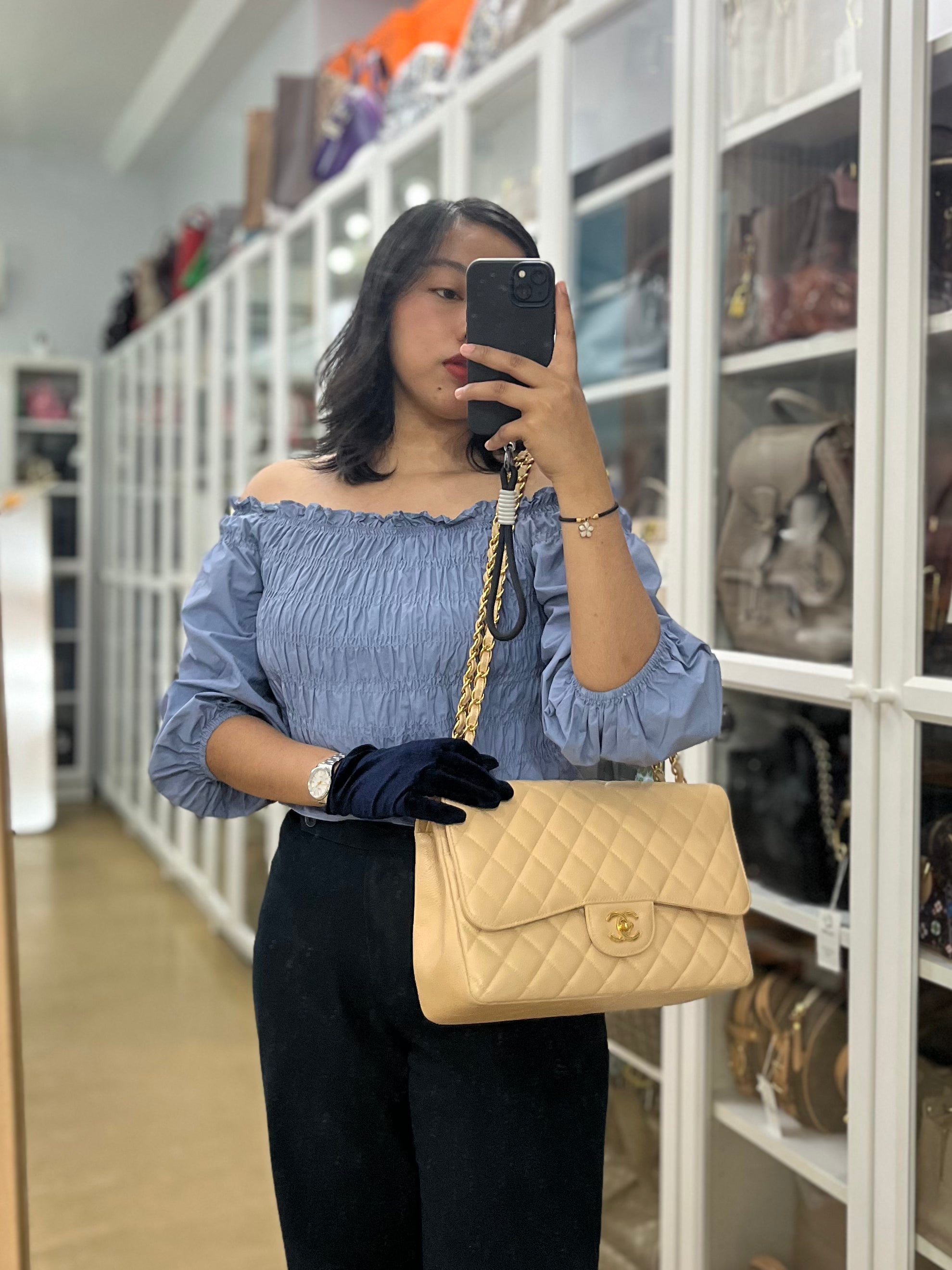 Classic Double Flap Jumbo in Beige Quilted Caviar Leather & Gold Hardware Series 23 | Purse Maison Luxury Bags Shop