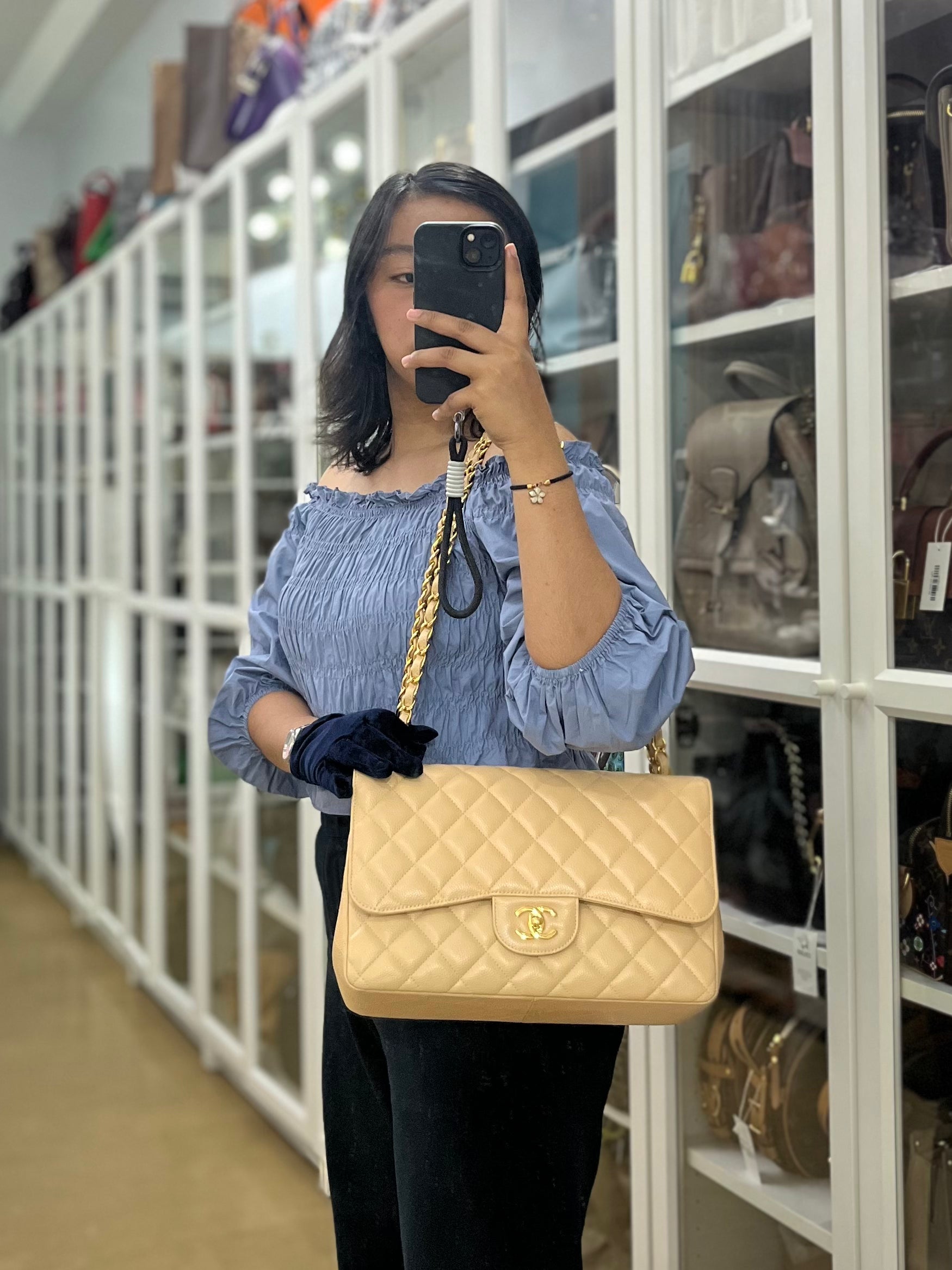 Classic Double Flap Jumbo in Beige Quilted Caviar Leather & Gold Hardware Series 23 | Purse Maison Luxury Bags Shop