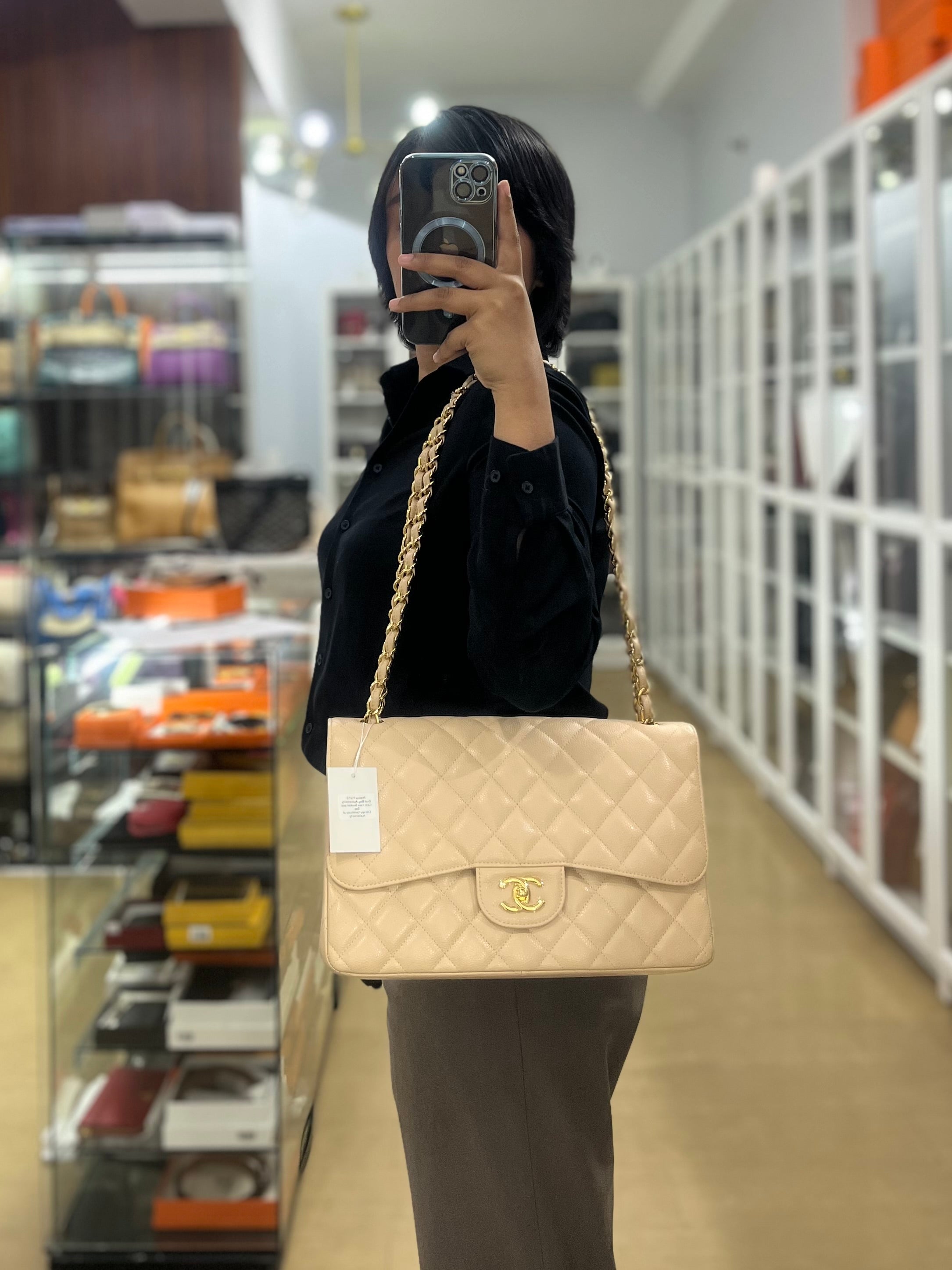 Classic Double Flap Jumbo in Beige Caviar Leather & Gold Hardware (Series 14) | Purse Maison Luxury Bags Shop