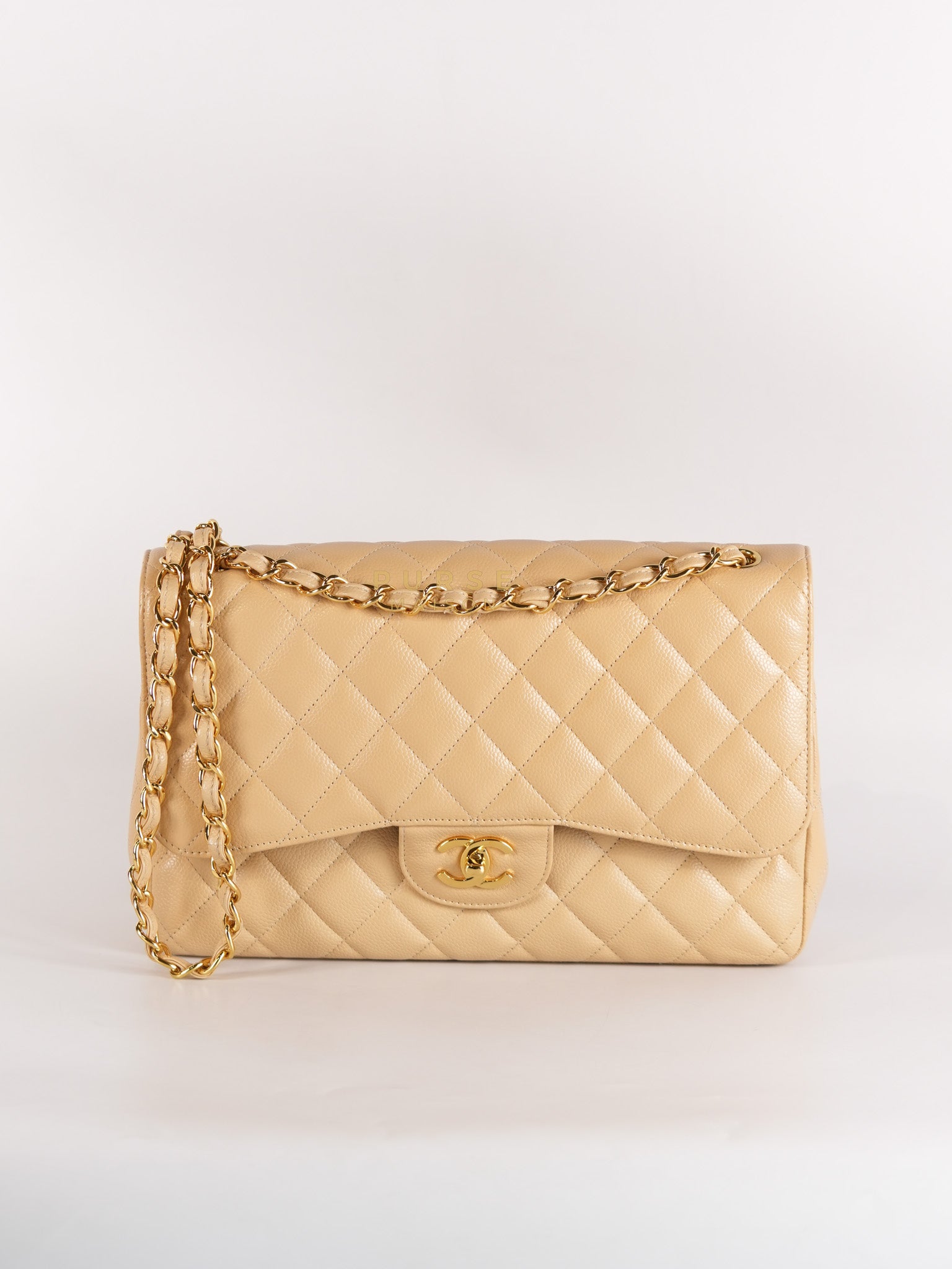 Classic Double Flap Jumbo in Beige Quilted Caviar Leather & Gold Hardware Series 23 | Purse Maison Luxury Bags Shop