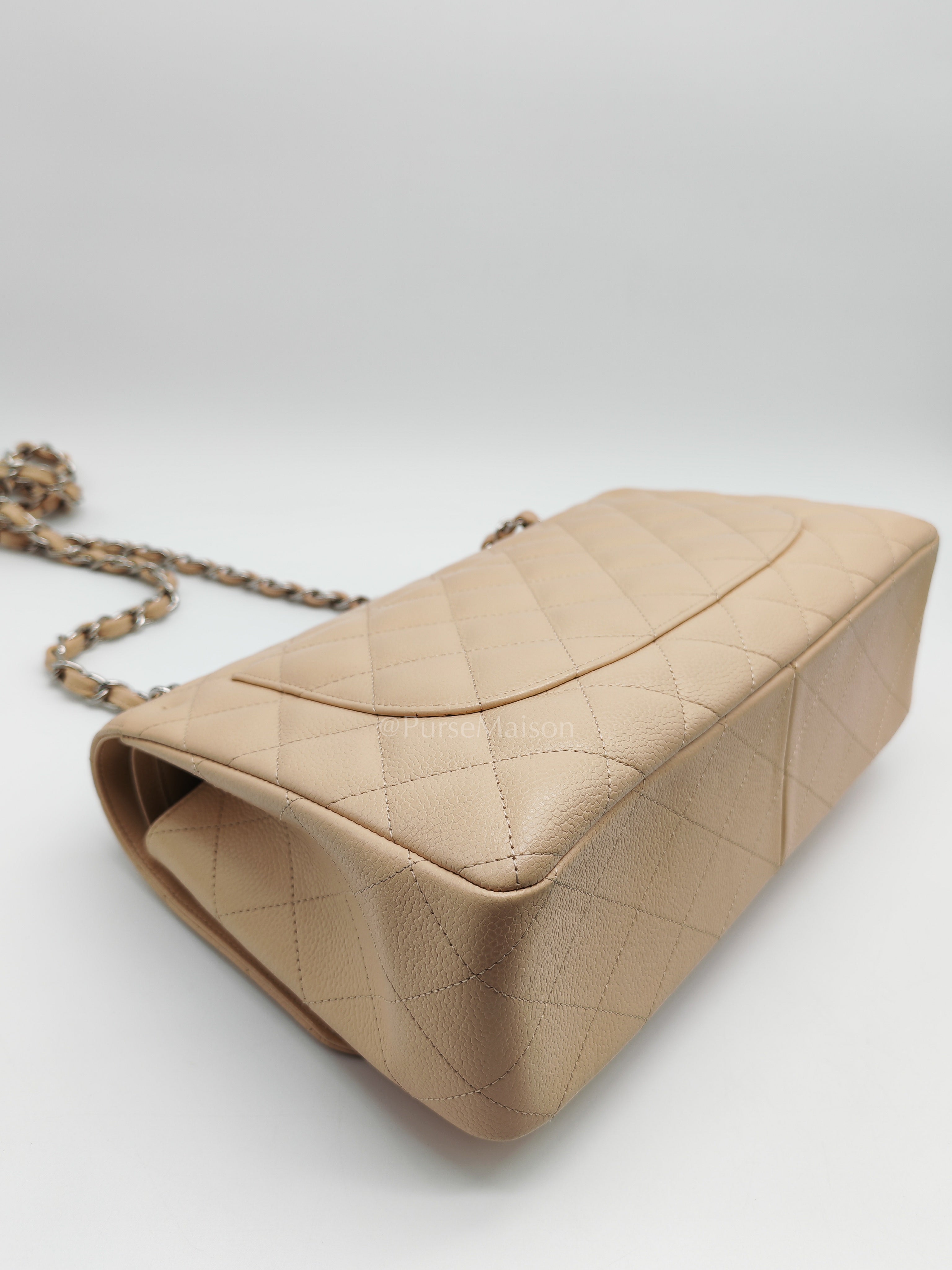 Classic Double Flap Jumbo in Beige Quilted Caviar Leather & Silver Hardware Series 14 | Purse Maison Luxury Bags Shop