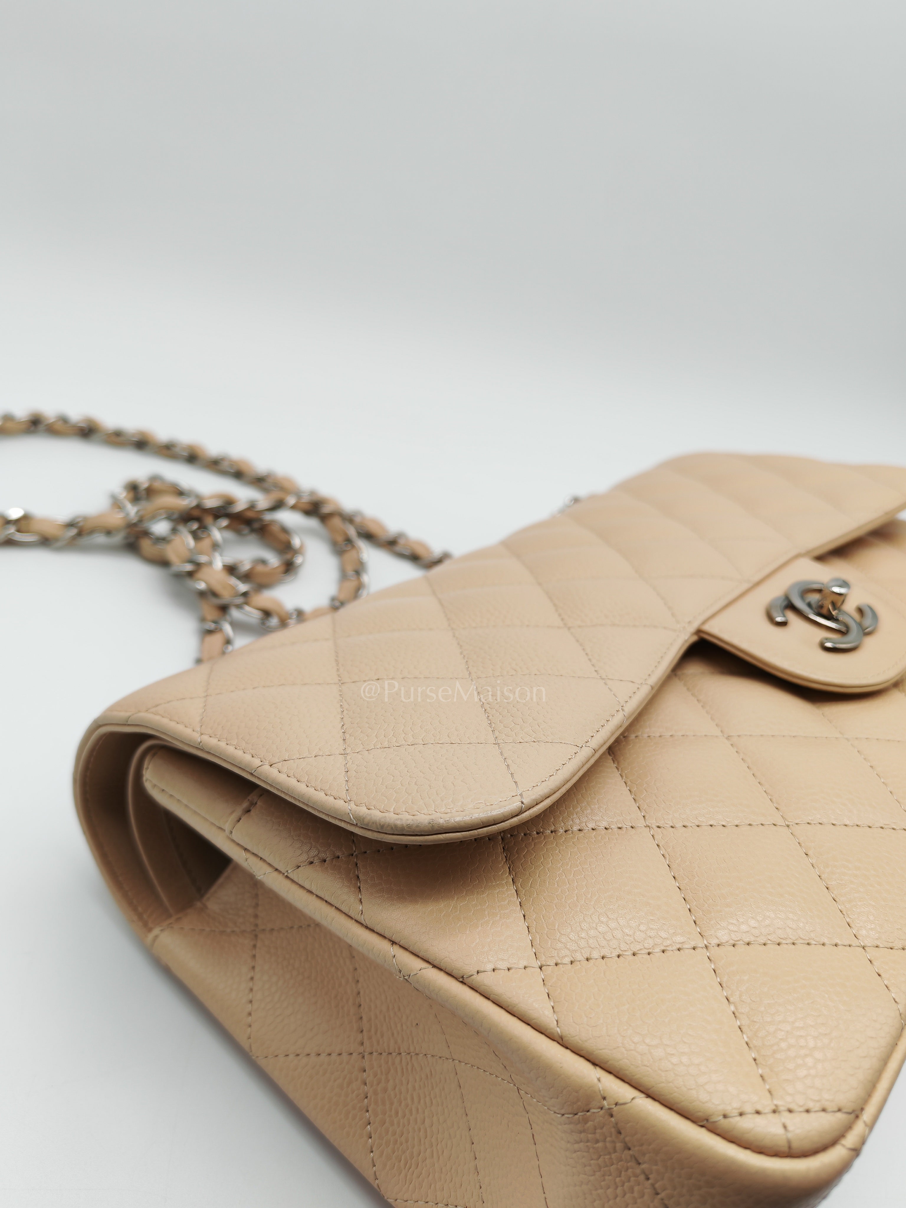 Classic Double Flap Jumbo in Beige Quilted Caviar Leather & Silver Hardware Series 14 | Purse Maison Luxury Bags Shop