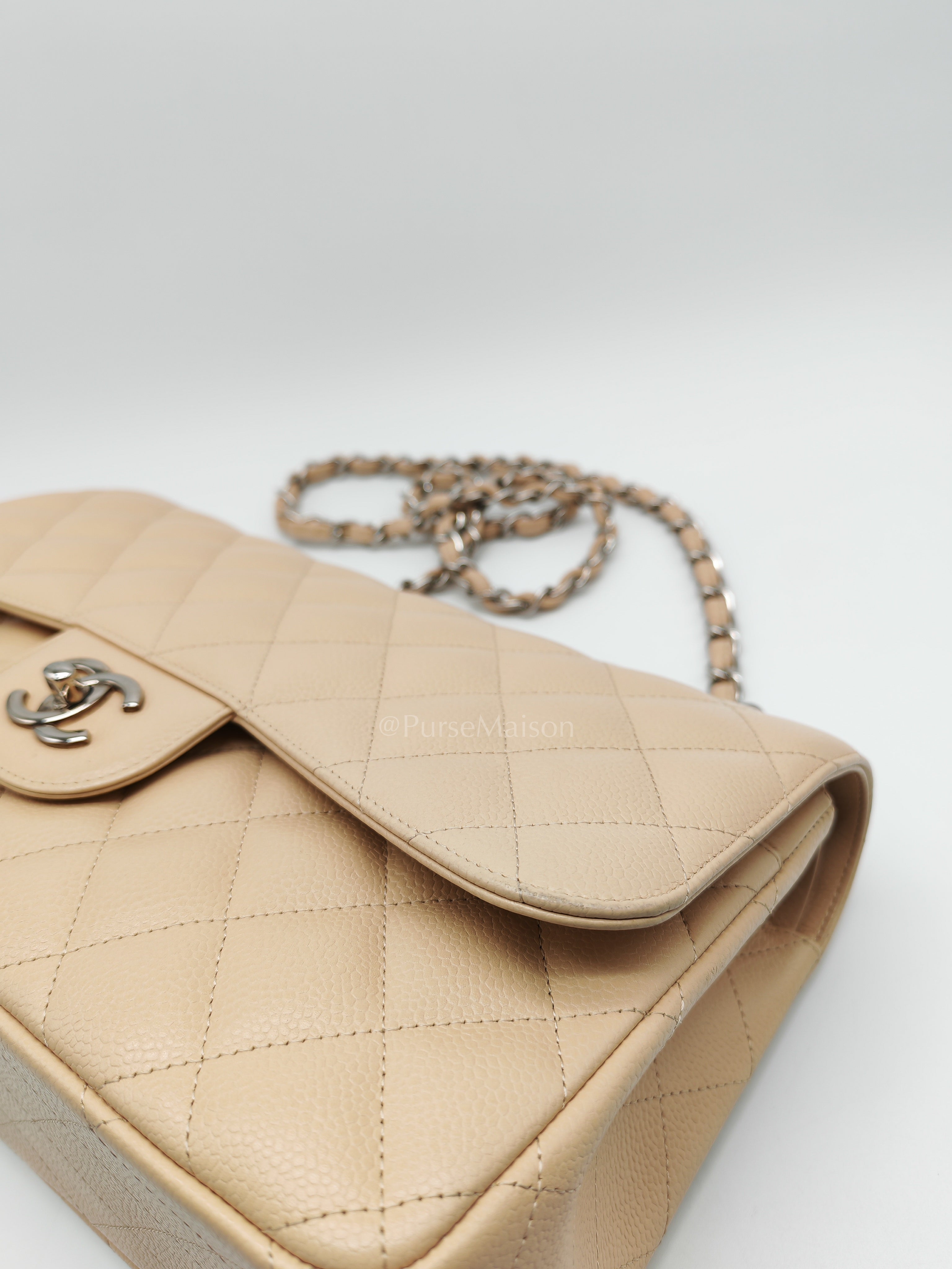 Classic Double Flap Jumbo in Beige Quilted Caviar Leather & Silver Hardware Series 14 | Purse Maison Luxury Bags Shop