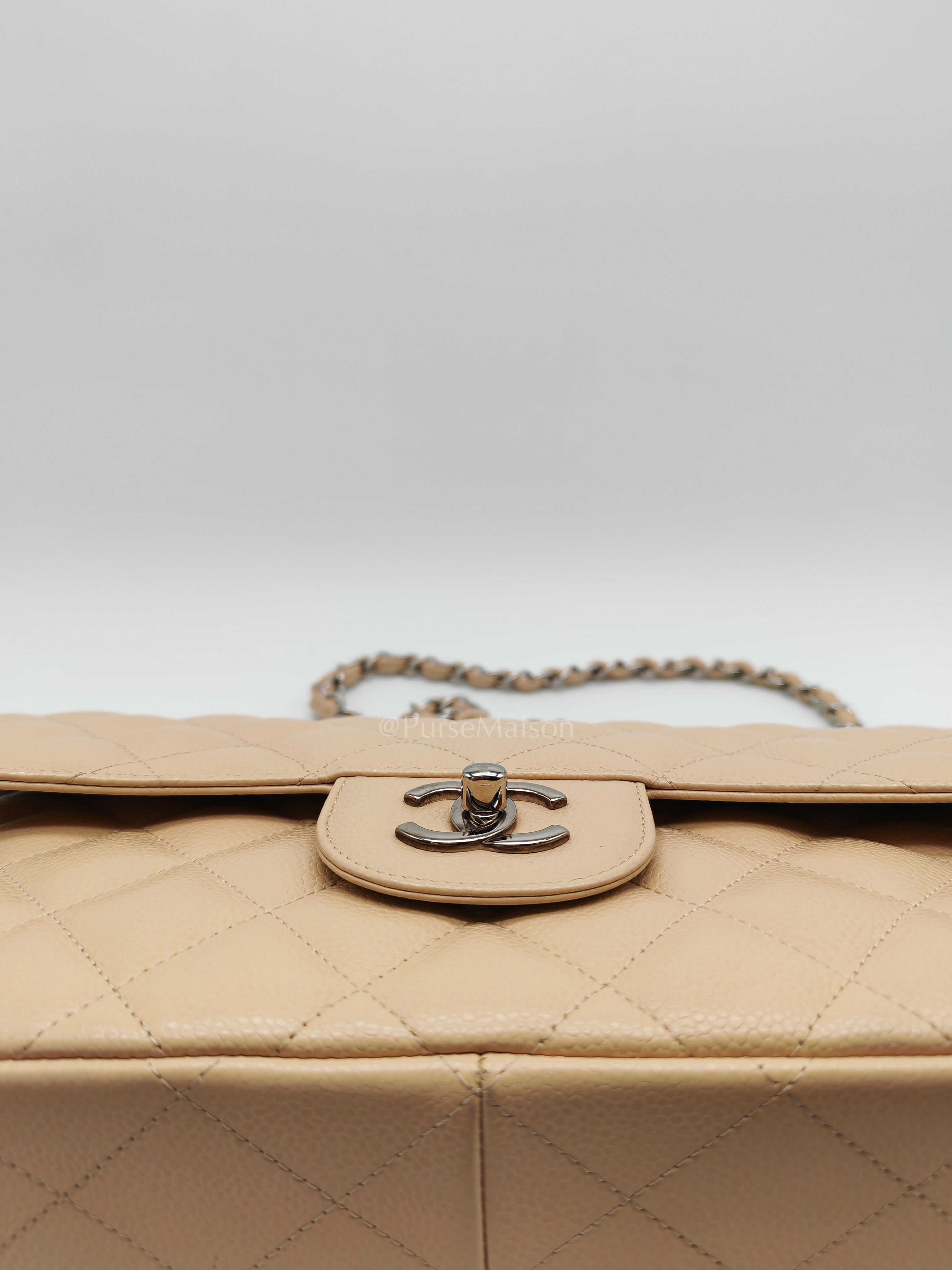 Classic Double Flap Jumbo in Beige Quilted Caviar Leather & Silver Hardware Series 14 | Purse Maison Luxury Bags Shop