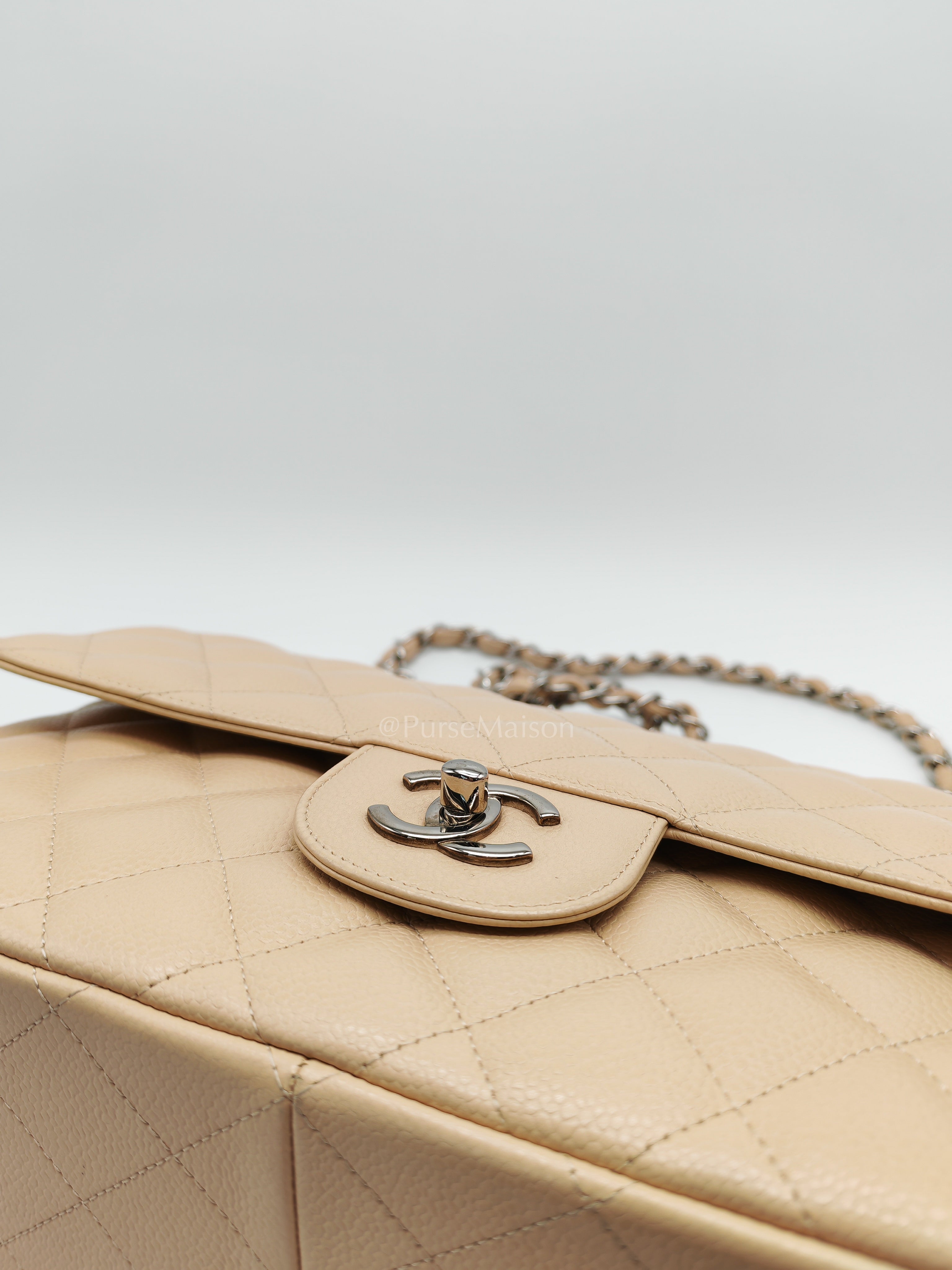 Classic Double Flap Jumbo in Beige Quilted Caviar Leather & Silver Hardware Series 14 | Purse Maison Luxury Bags Shop