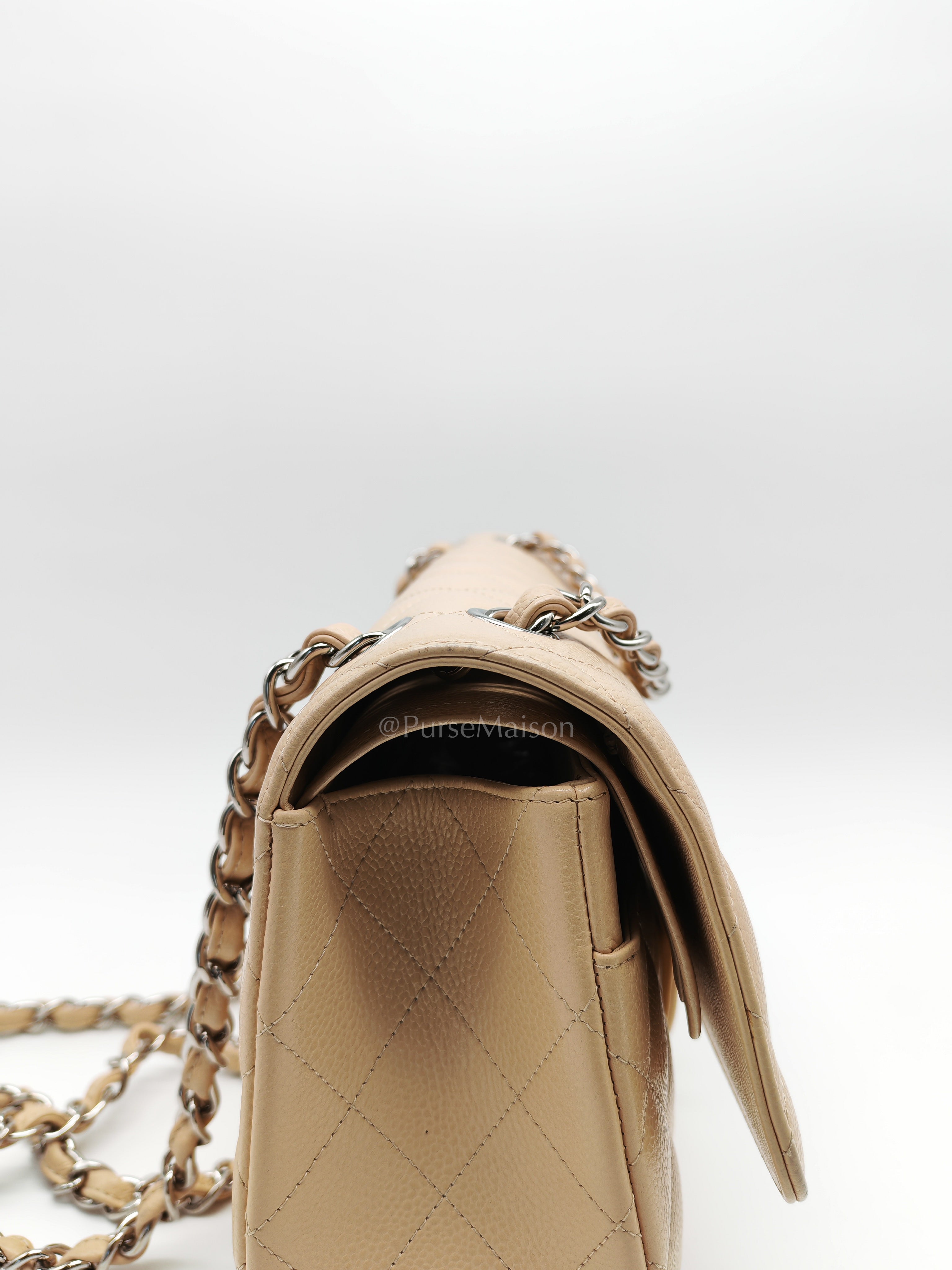 Classic Double Flap Jumbo in Beige Quilted Caviar Leather & Silver Hardware Series 14 | Purse Maison Luxury Bags Shop
