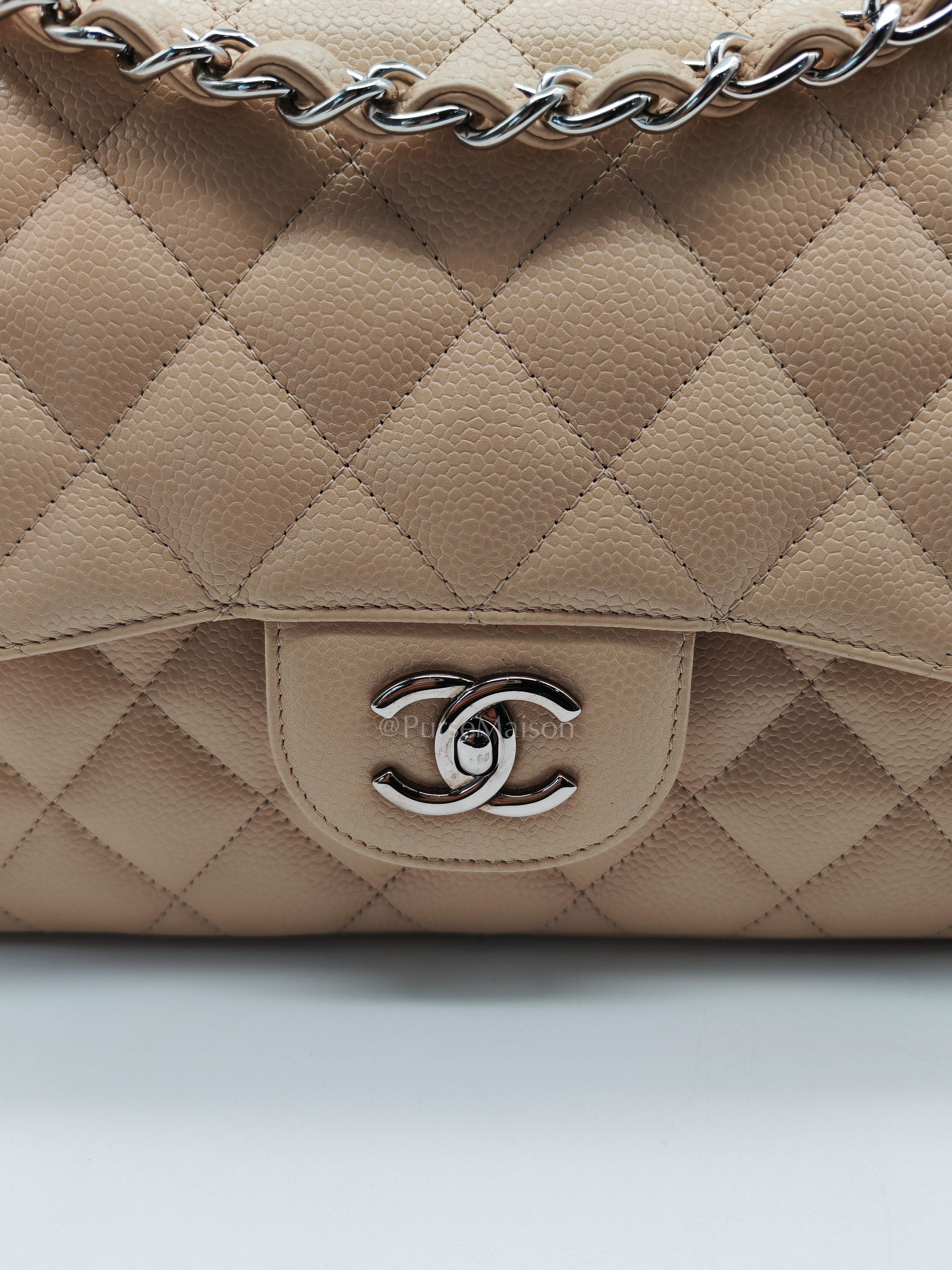 Classic Double Flap Jumbo in Beige Quilted Caviar Leather & Silver Hardware Series 14 | Purse Maison Luxury Bags Shop