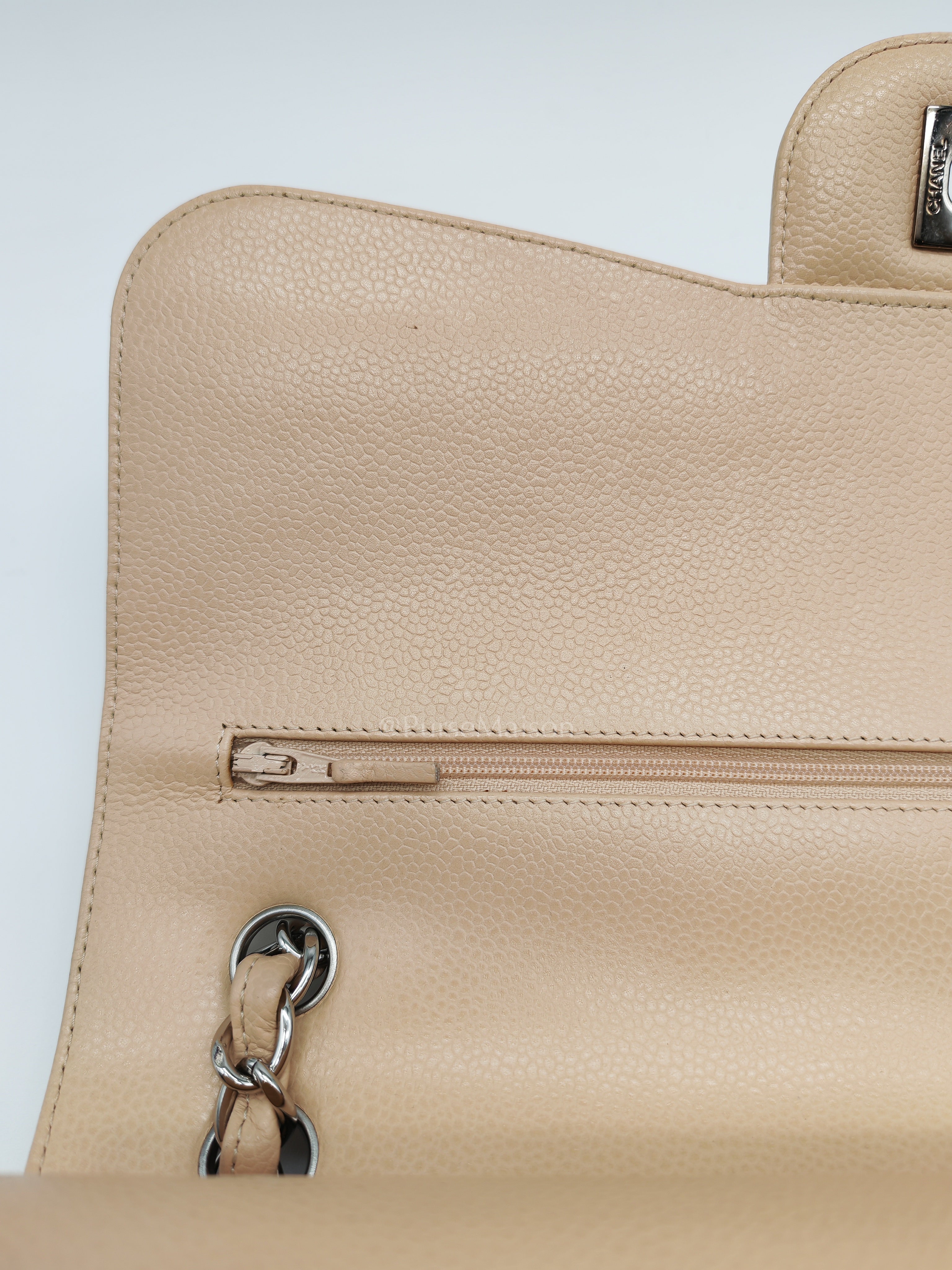 Classic Double Flap Jumbo in Beige Quilted Caviar Leather & Silver Hardware Series 14 | Purse Maison Luxury Bags Shop