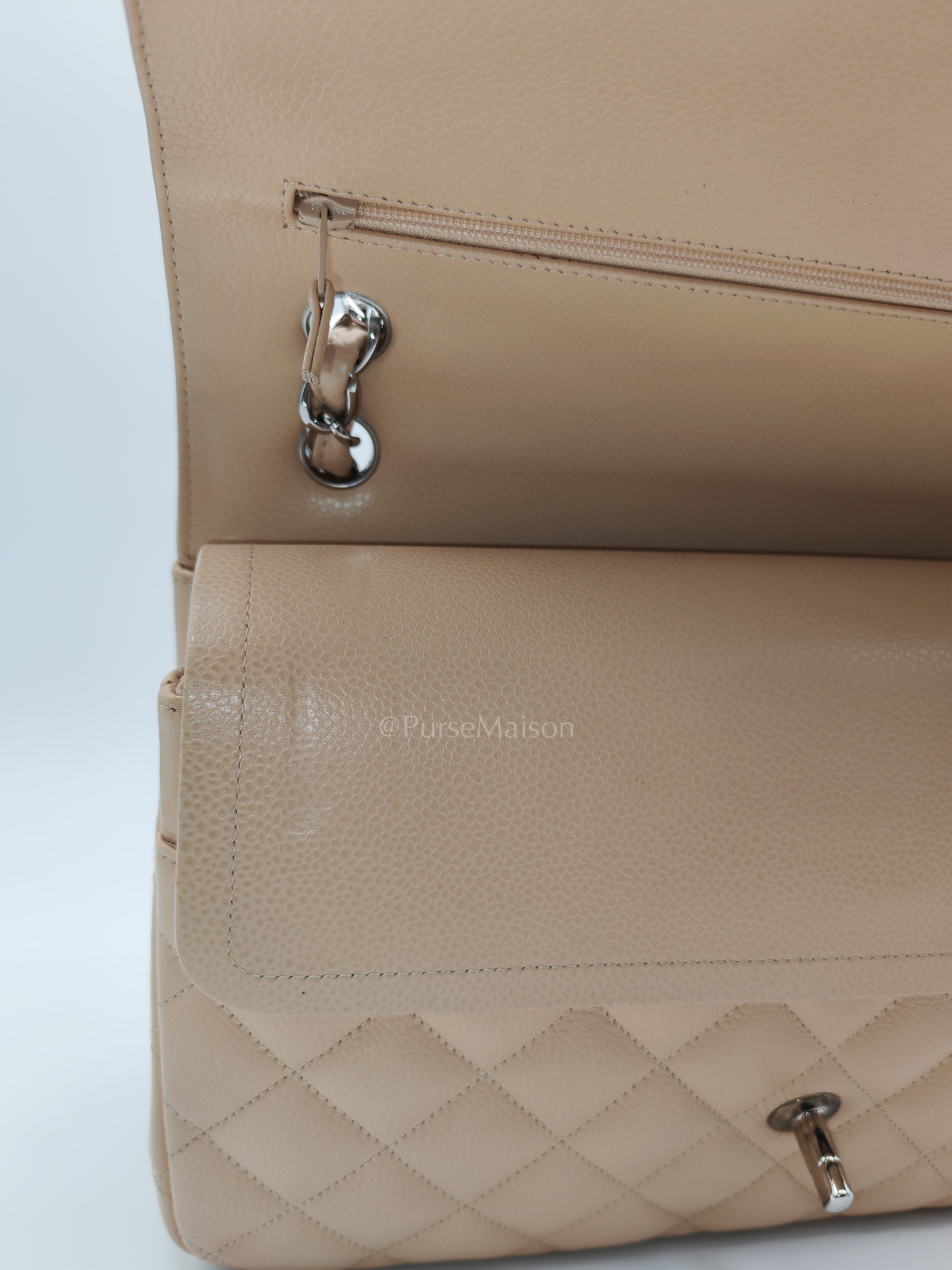 Classic Double Flap Jumbo in Beige Quilted Caviar Leather & Silver Hardware Series 14 | Purse Maison Luxury Bags Shop