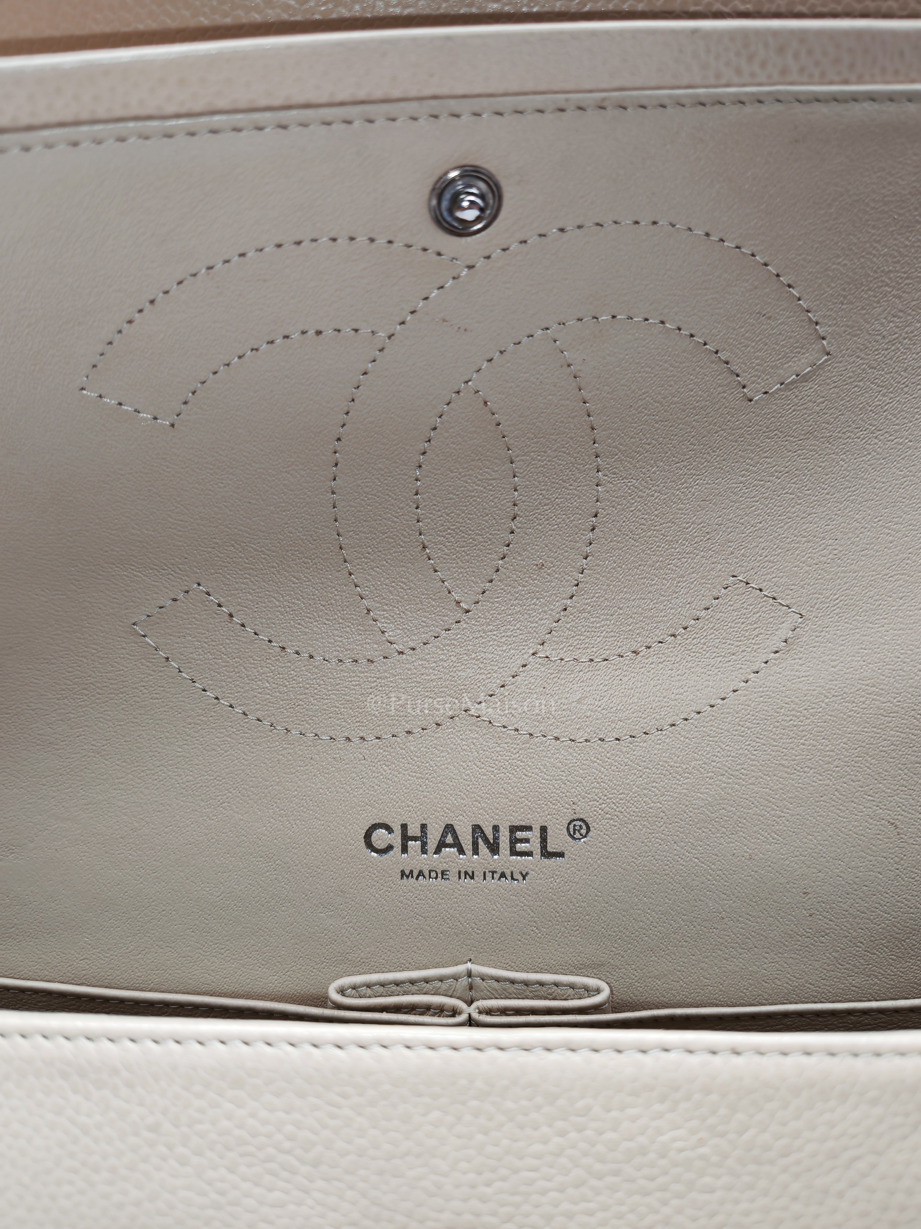 Classic Double Flap Jumbo in Beige Quilted Caviar Leather & Silver Hardware Series 14 | Purse Maison Luxury Bags Shop