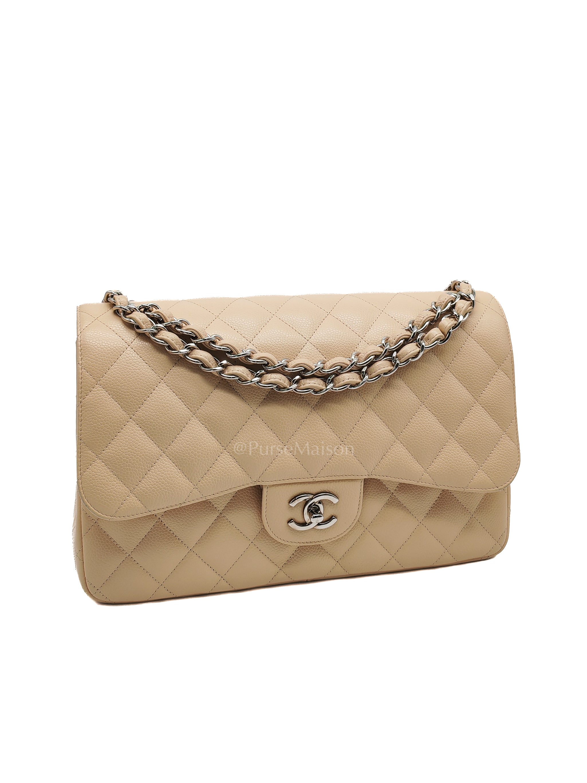 Classic Double Flap Jumbo in Beige Quilted Caviar Leather & Silver Hardware Series 14 | Purse Maison Luxury Bags Shop