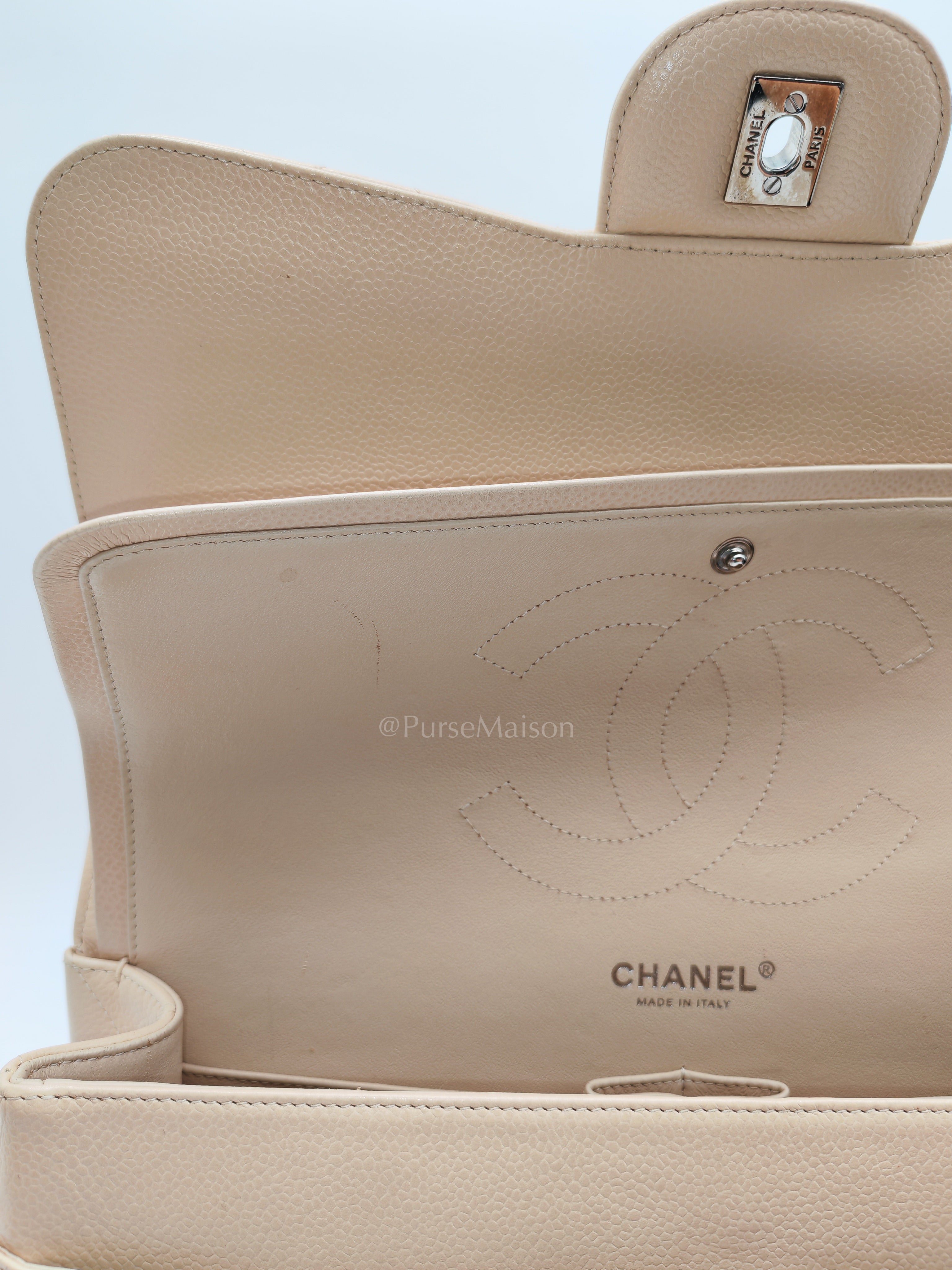Classic Double Flap Jumbo in Beige Quilted Caviar Leather & Silver Hardware Series 14 | Purse Maison Luxury Bags Shop