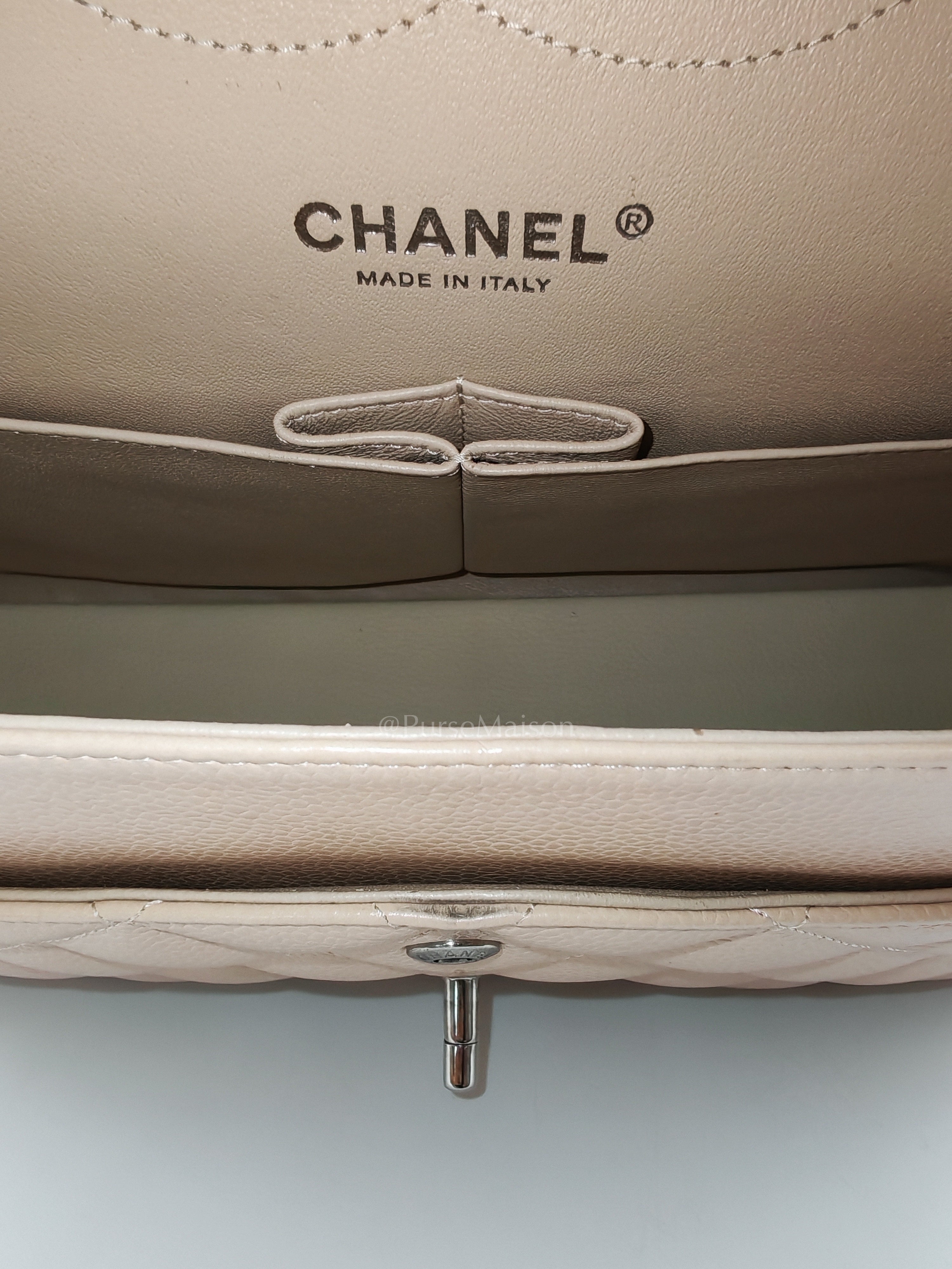 Classic Double Flap Jumbo in Beige Quilted Caviar Leather & Silver Hardware Series 14 | Purse Maison Luxury Bags Shop