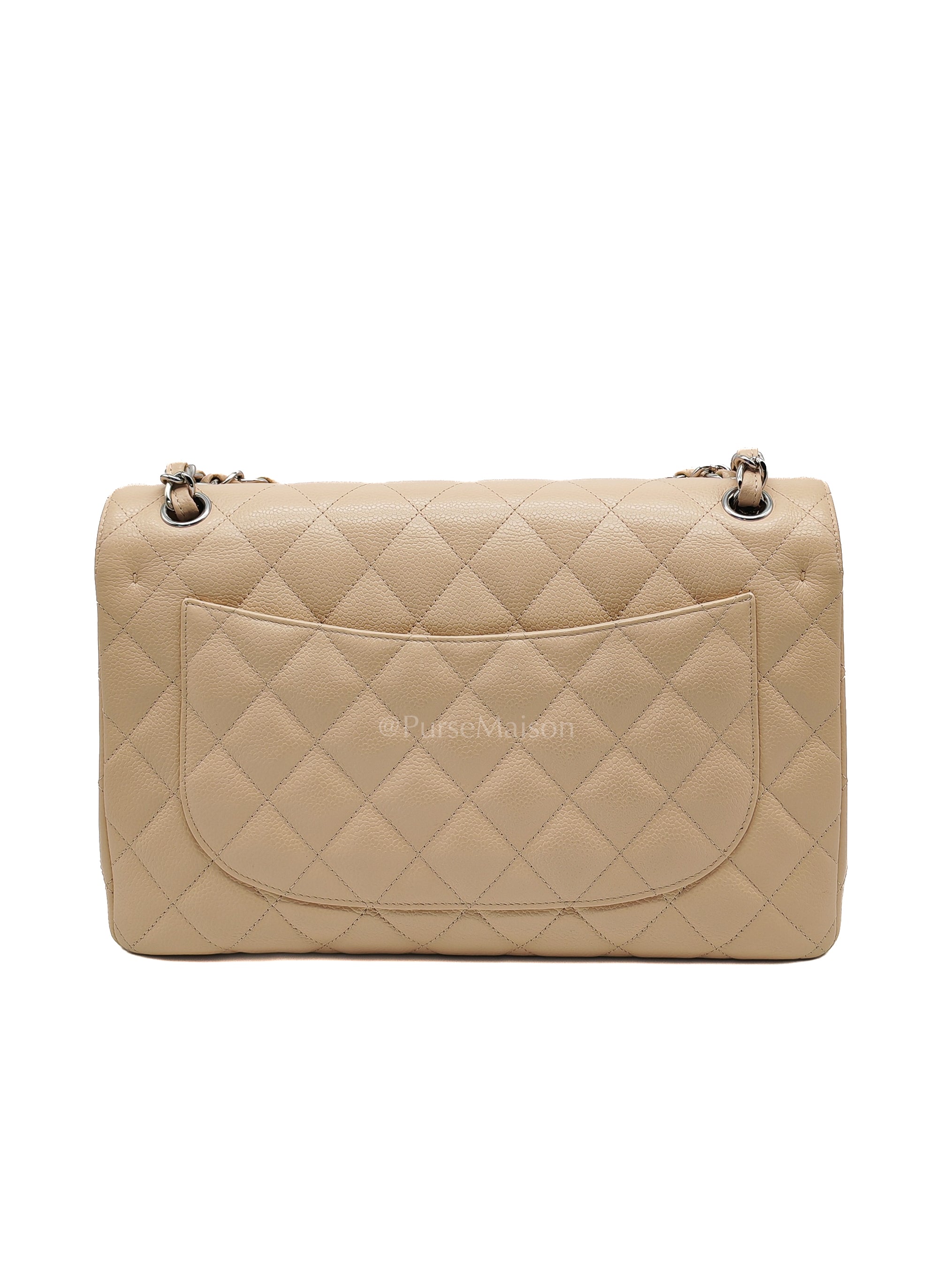 Classic Double Flap Jumbo in Beige Quilted Caviar Leather & Silver Hardware Series 14 | Purse Maison Luxury Bags Shop