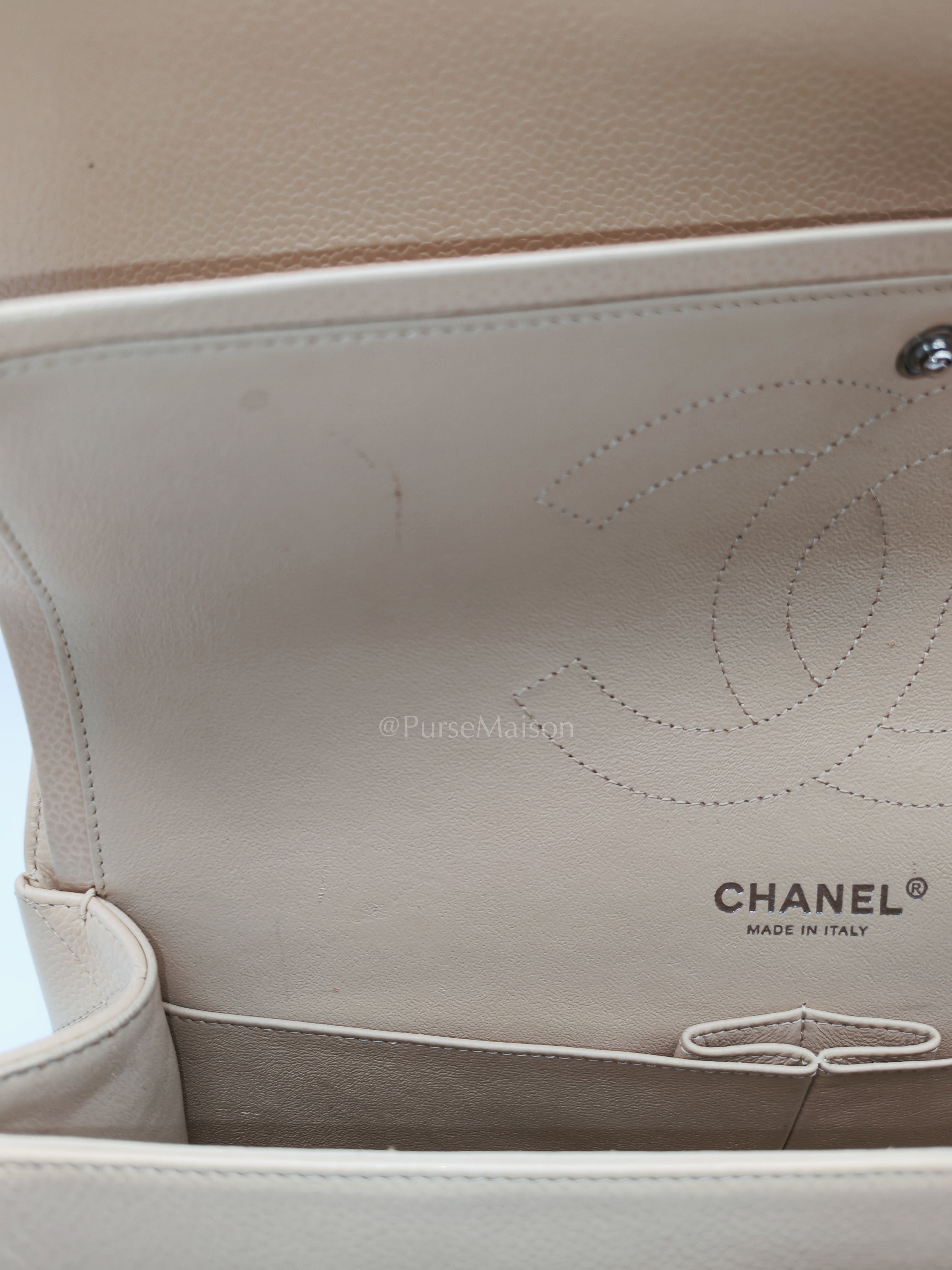 Classic Double Flap Jumbo in Beige Quilted Caviar Leather & Silver Hardware Series 14 | Purse Maison Luxury Bags Shop