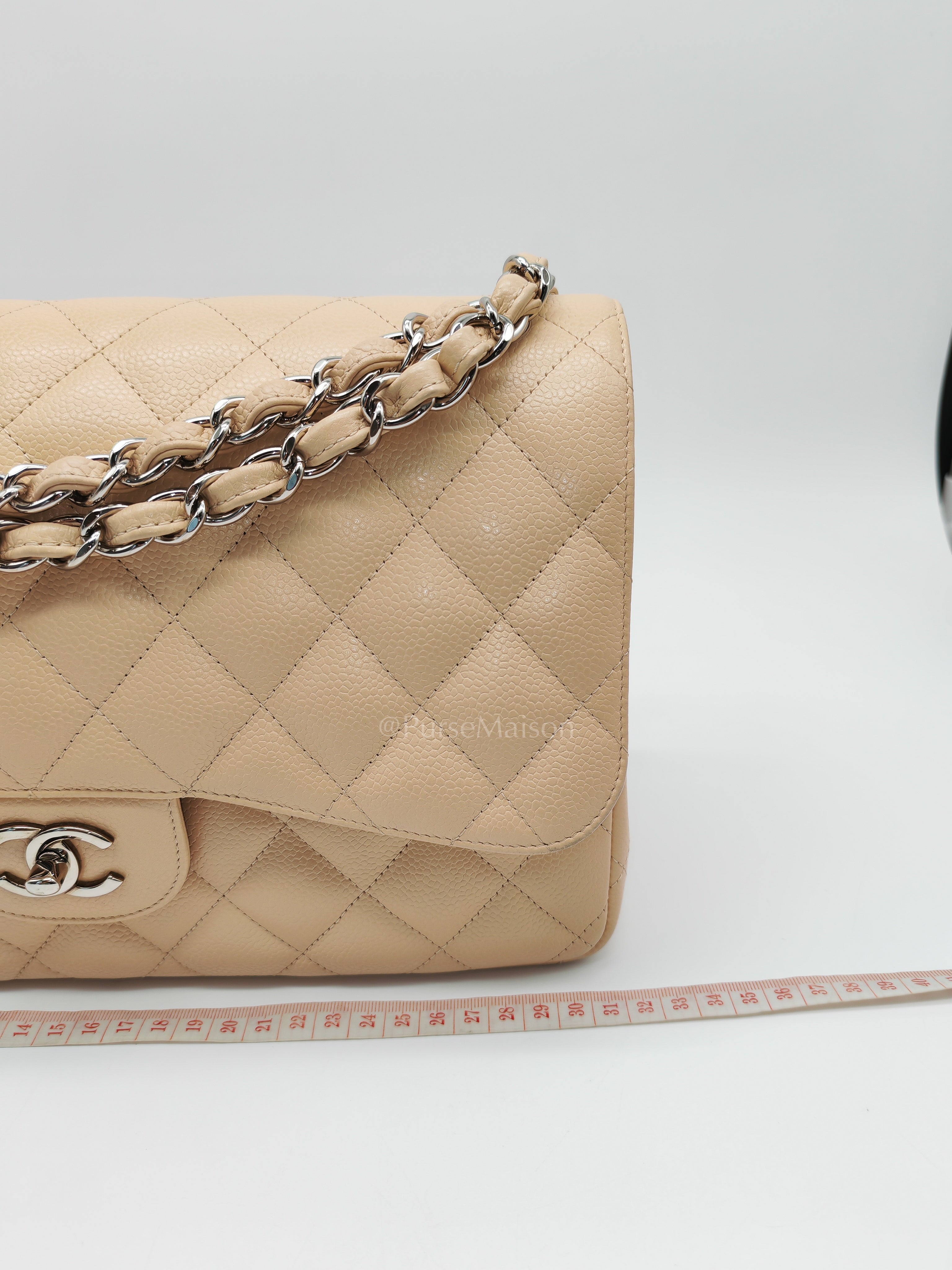Classic Double Flap Jumbo in Beige Quilted Caviar Leather & Silver Hardware Series 14 | Purse Maison Luxury Bags Shop