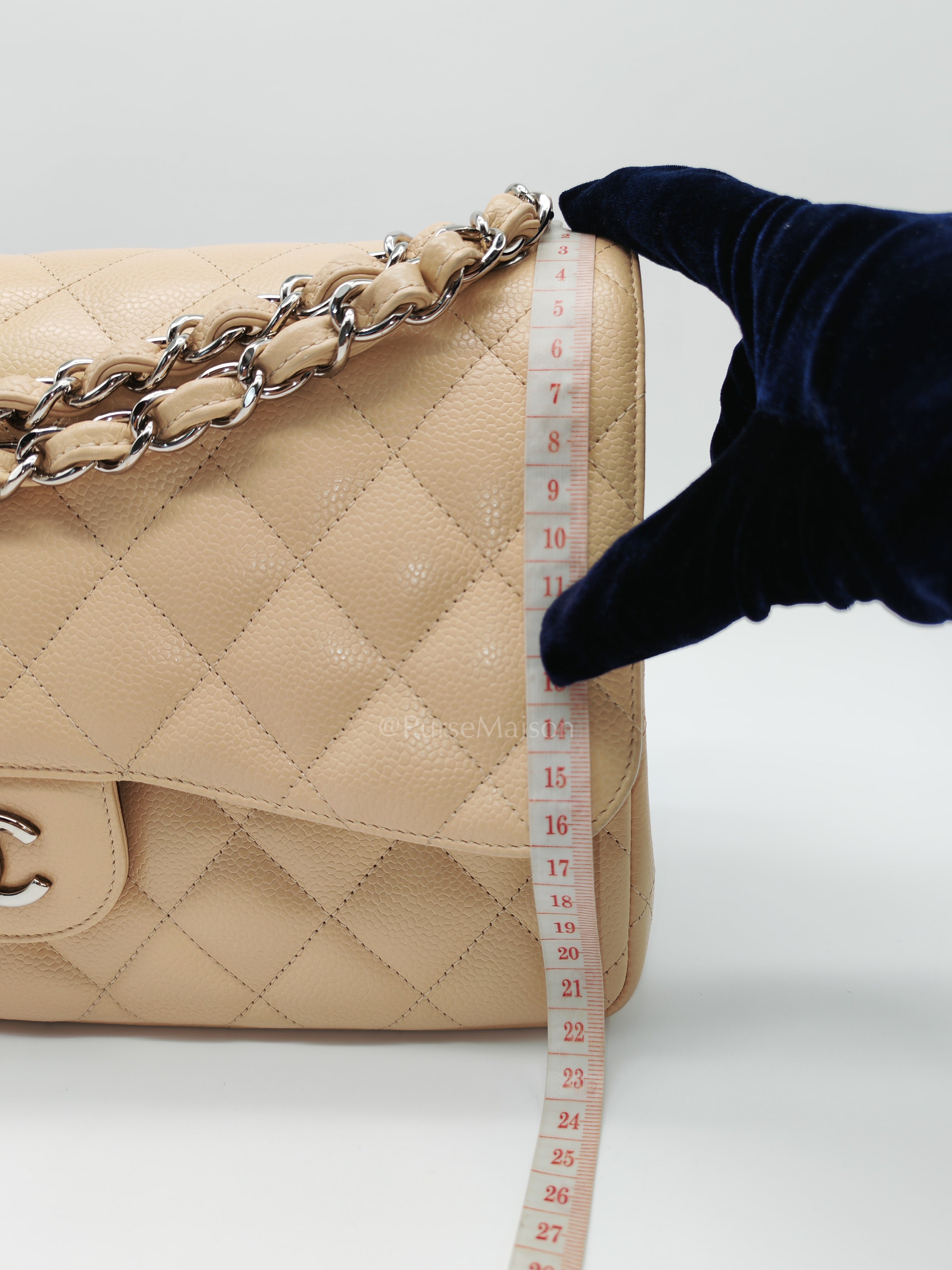 Classic Double Flap Jumbo in Beige Quilted Caviar Leather & Silver Hardware Series 14 | Purse Maison Luxury Bags Shop