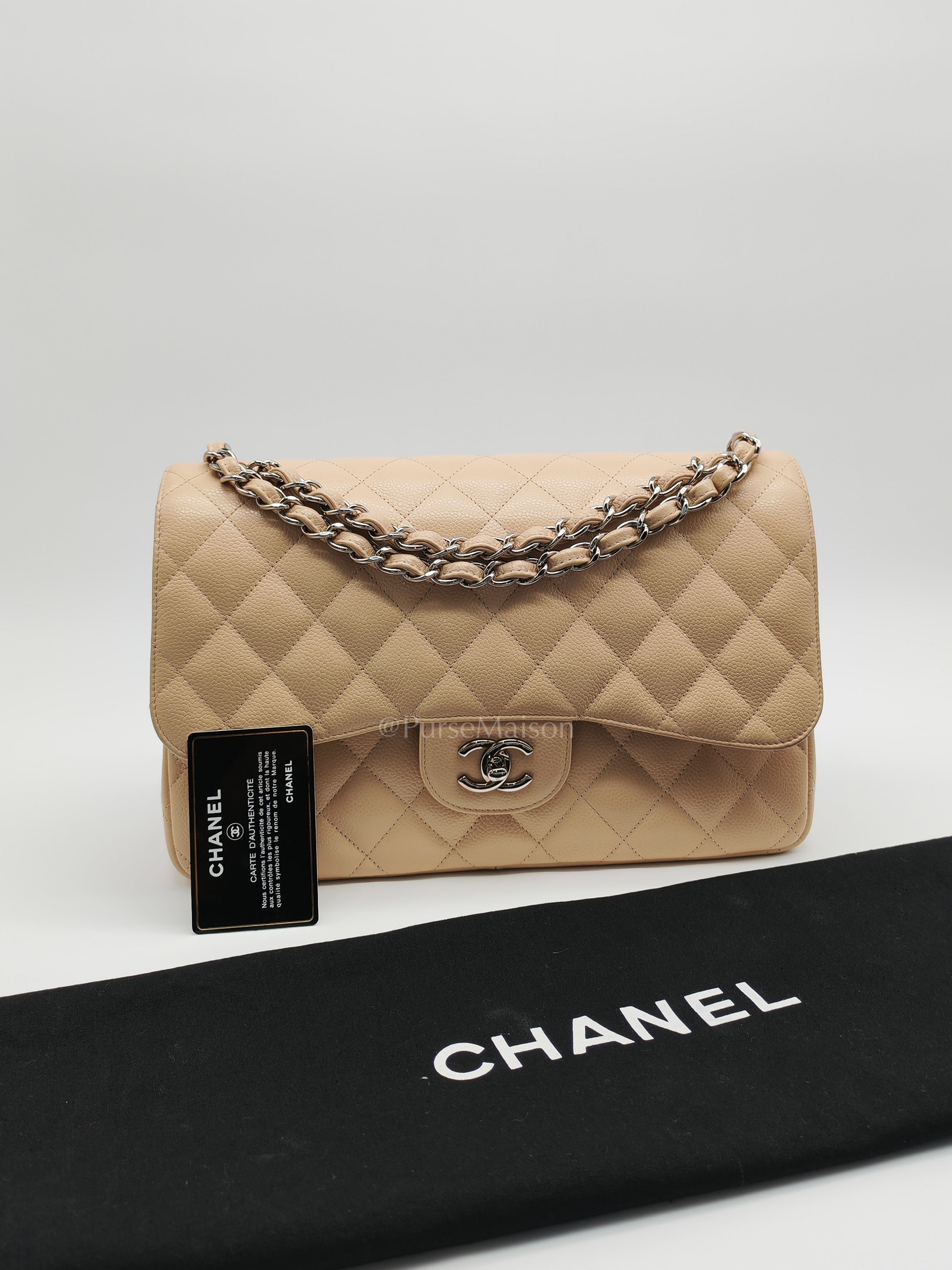 Classic Double Flap Jumbo in Beige Quilted Caviar Leather & Silver Hardware Series 14 | Purse Maison Luxury Bags Shop