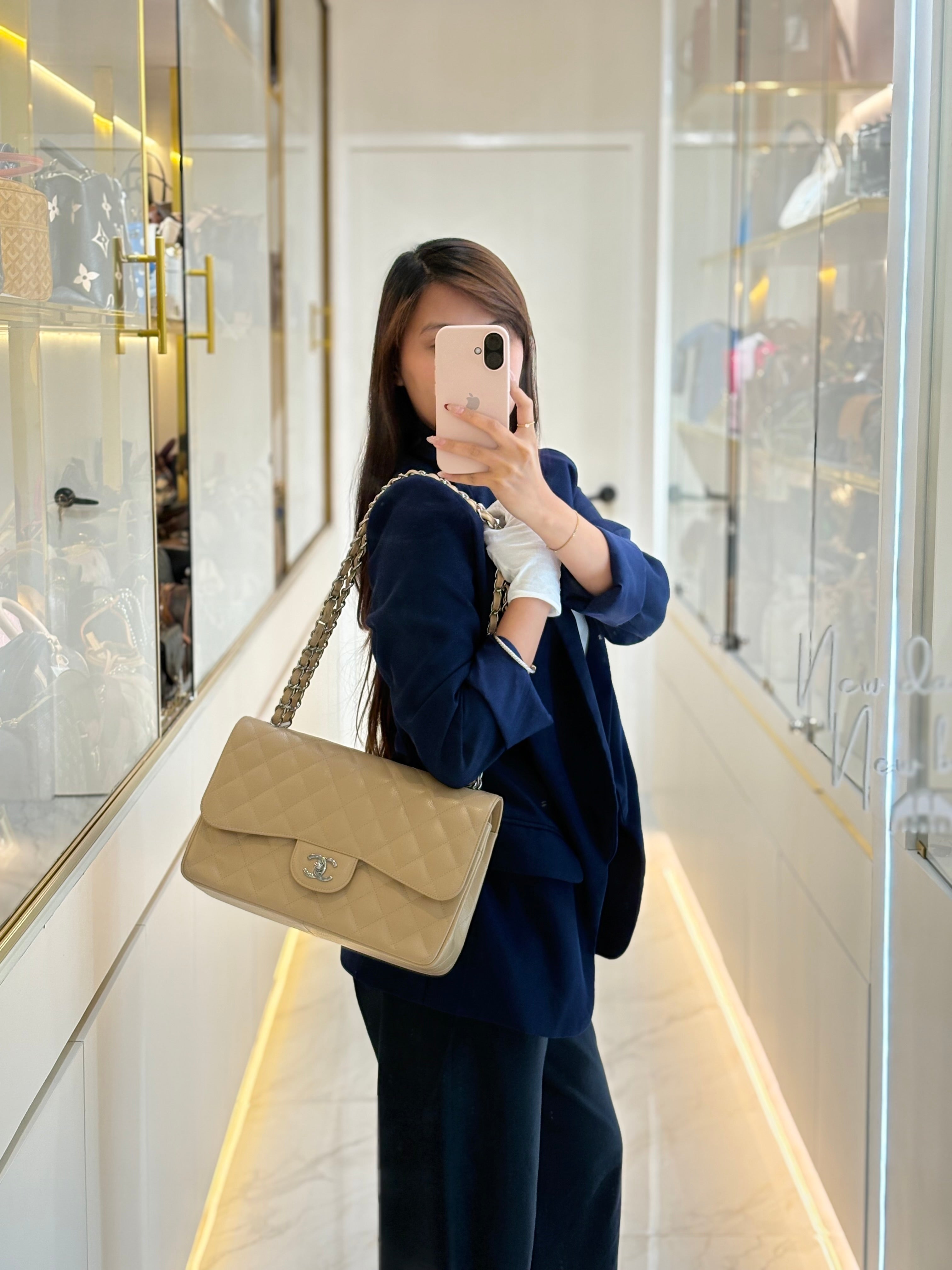 Classic Double Flap Jumbo in Beige Quilted Caviar Leather & Silver Hardware Series 14 | Purse Maison Luxury Bags Shop