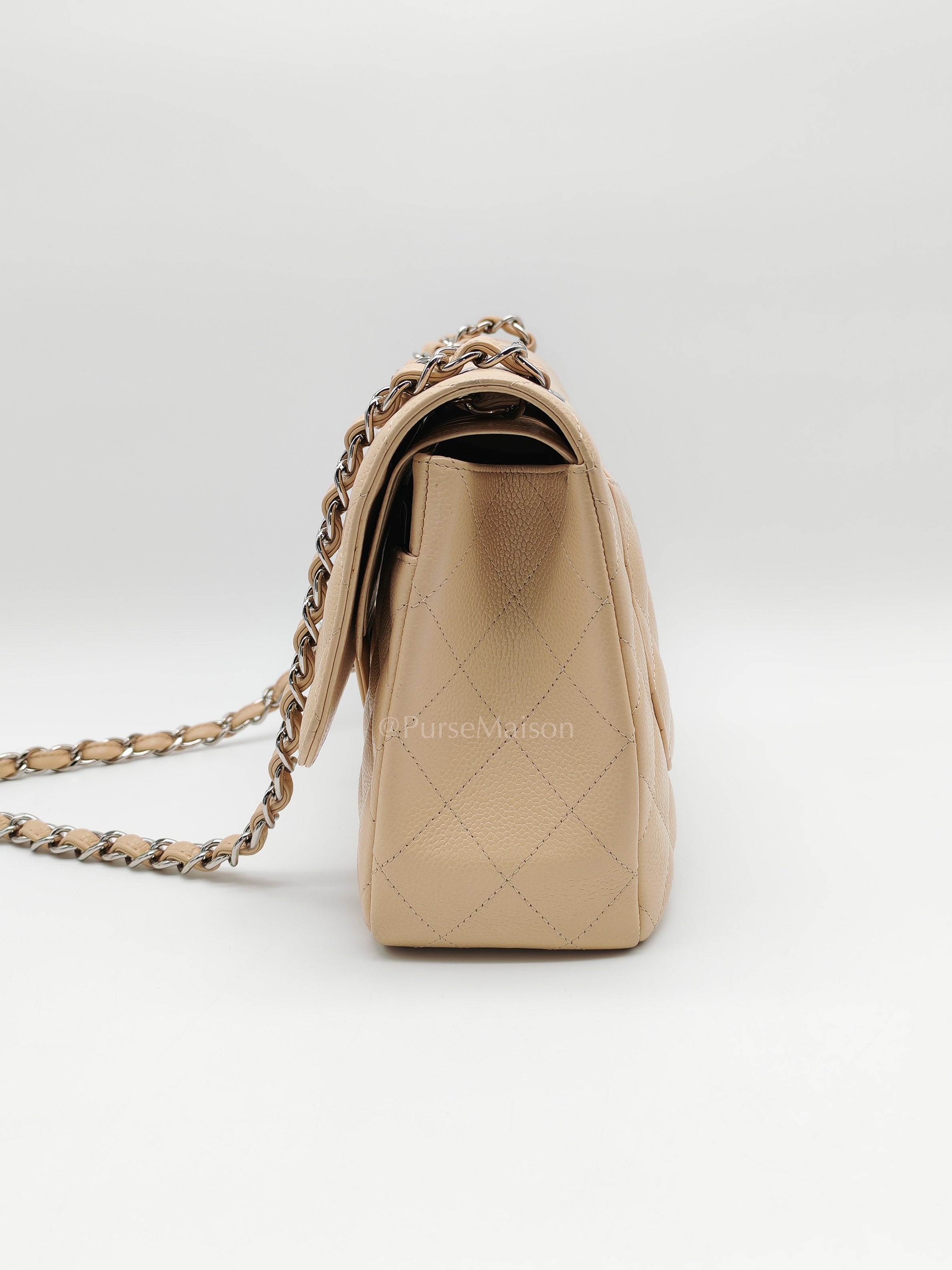 Classic Double Flap Jumbo in Beige Quilted Caviar Leather & Silver Hardware Series 14 | Purse Maison Luxury Bags Shop