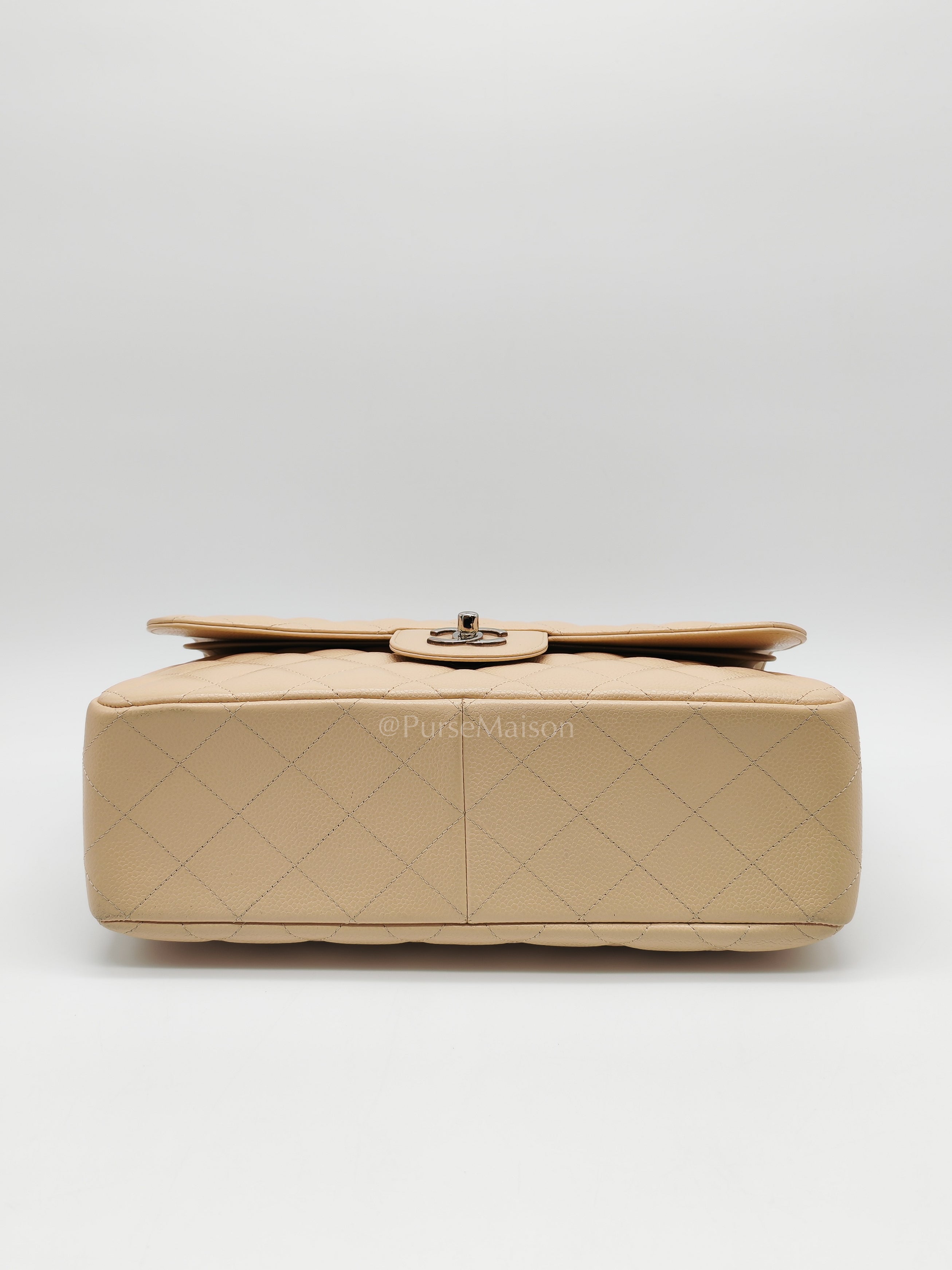 Classic Double Flap Jumbo in Beige Quilted Caviar Leather & Silver Hardware Series 14 | Purse Maison Luxury Bags Shop