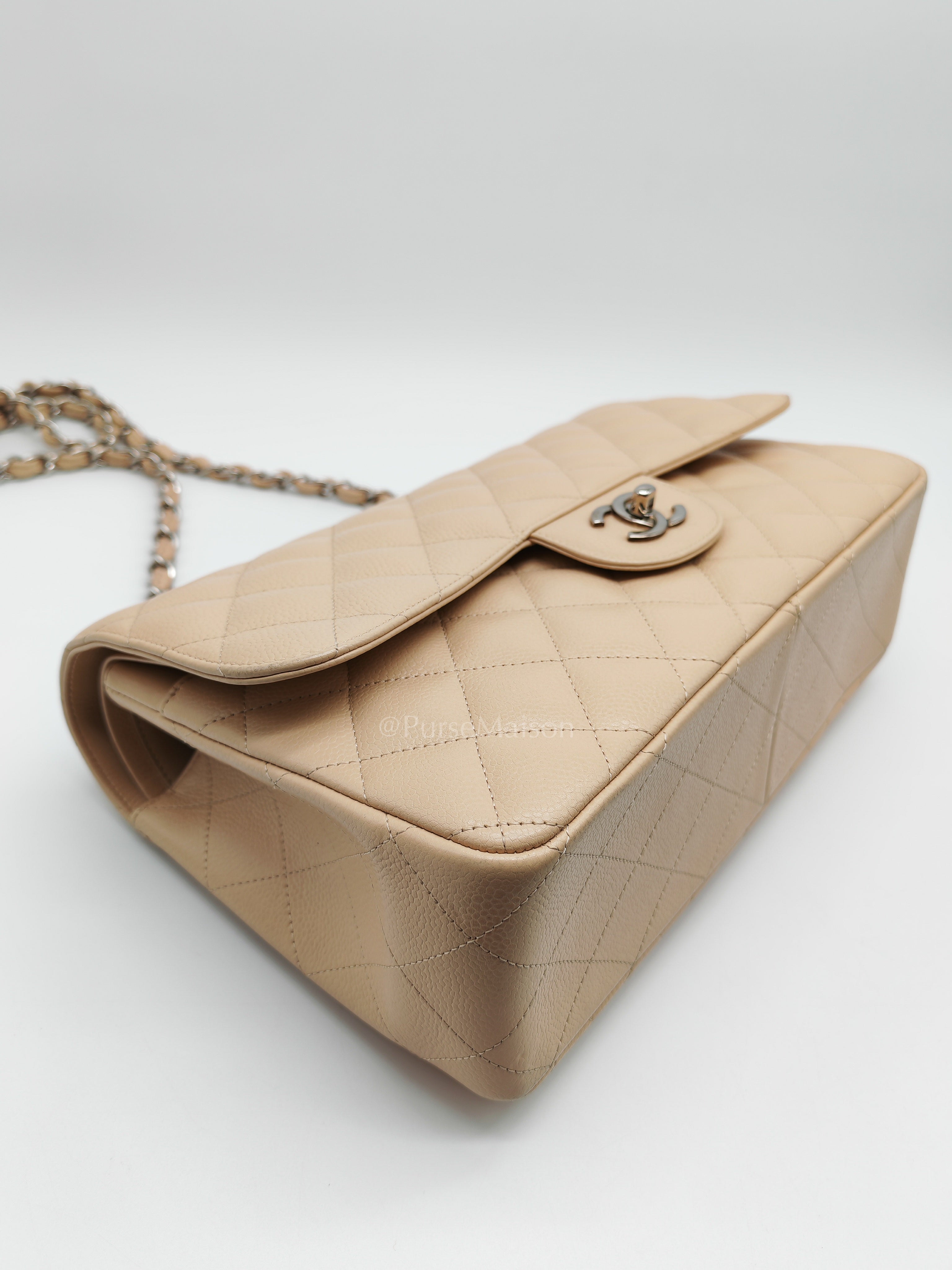 Classic Double Flap Jumbo in Beige Quilted Caviar Leather & Silver Hardware Series 14 | Purse Maison Luxury Bags Shop