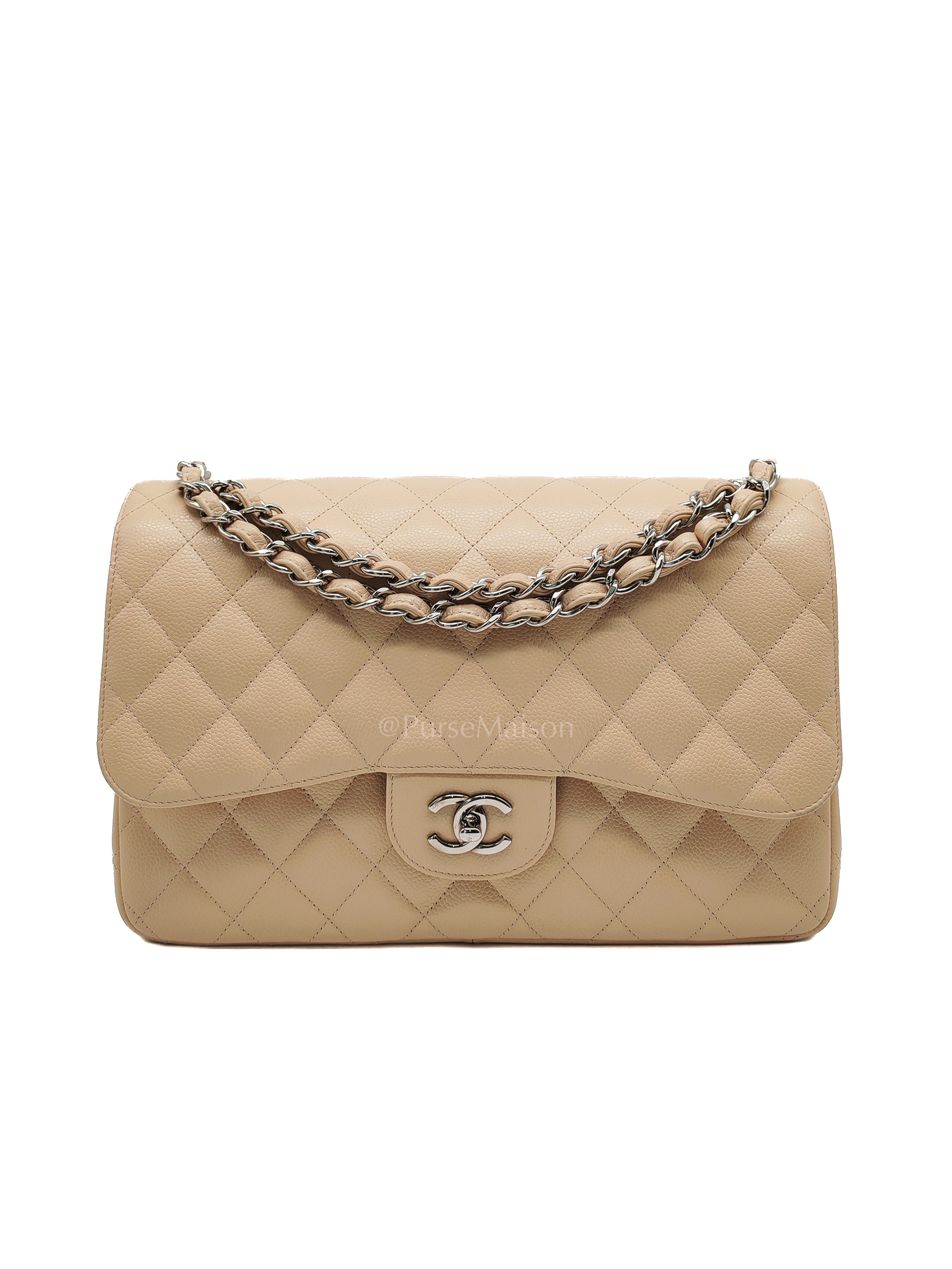 Classic Double Flap Jumbo in Beige Quilted Caviar Leather & Silver Hardware Series 14 | Purse Maison Luxury Bags Shop