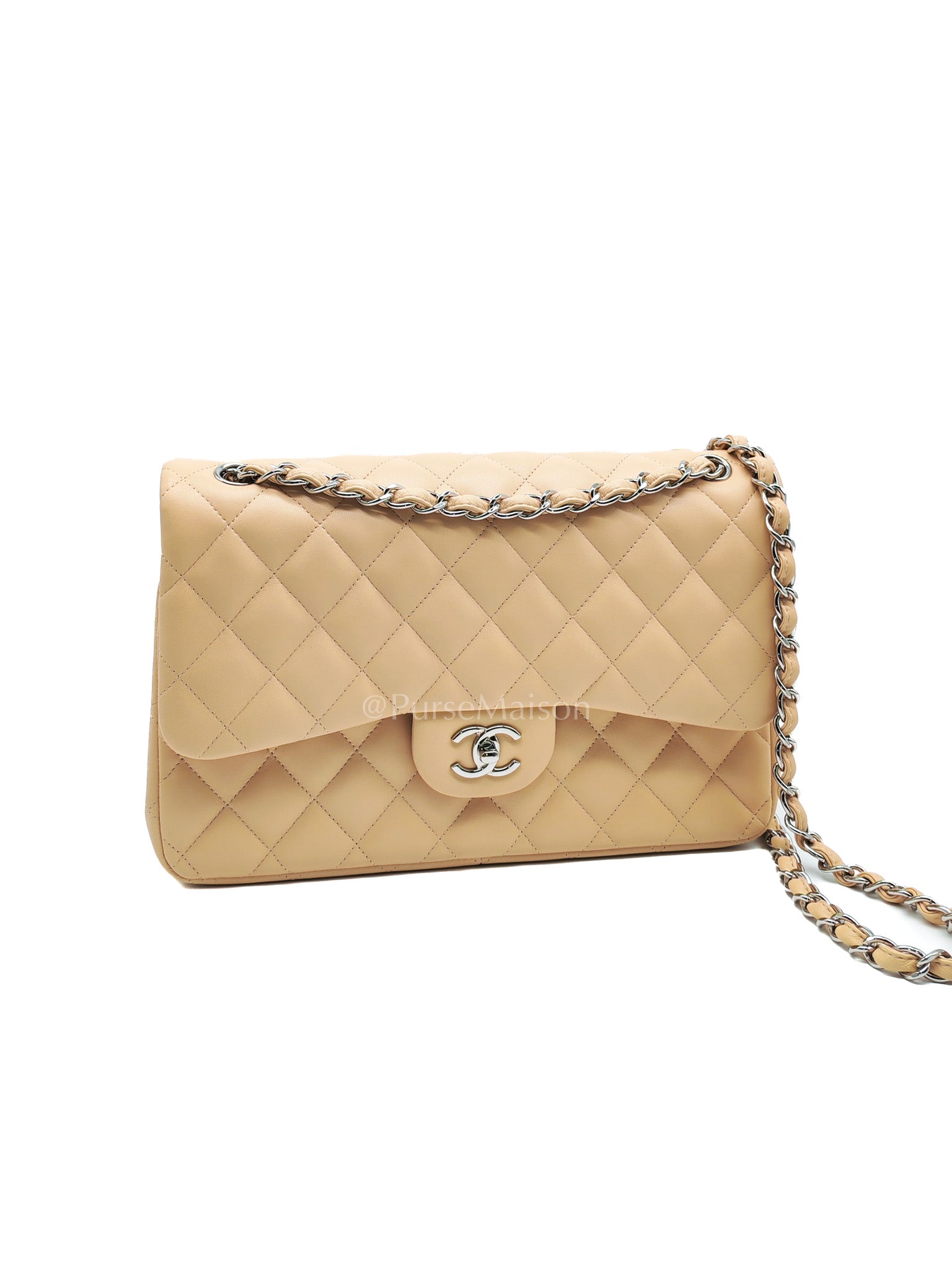 Classic Double Flap Jumbo in Beige Quilted Lambskin Leather and Silver Hardware Series 15 | Purse Maison Luxury Bags Shop