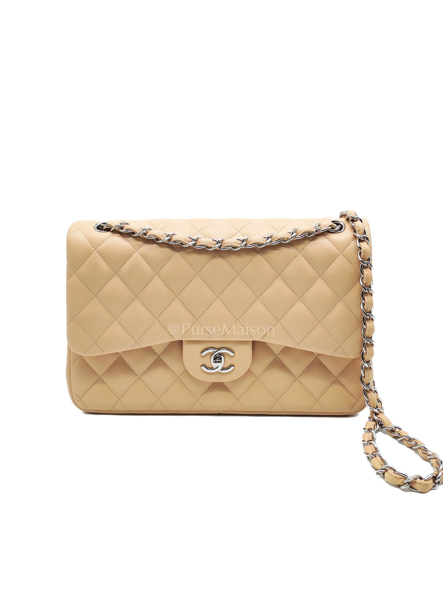 Classic Double Flap Jumbo in Beige Quilted Lambskin Leather and Silver Hardware Series 15 | Purse Maison Luxury Bags Shop