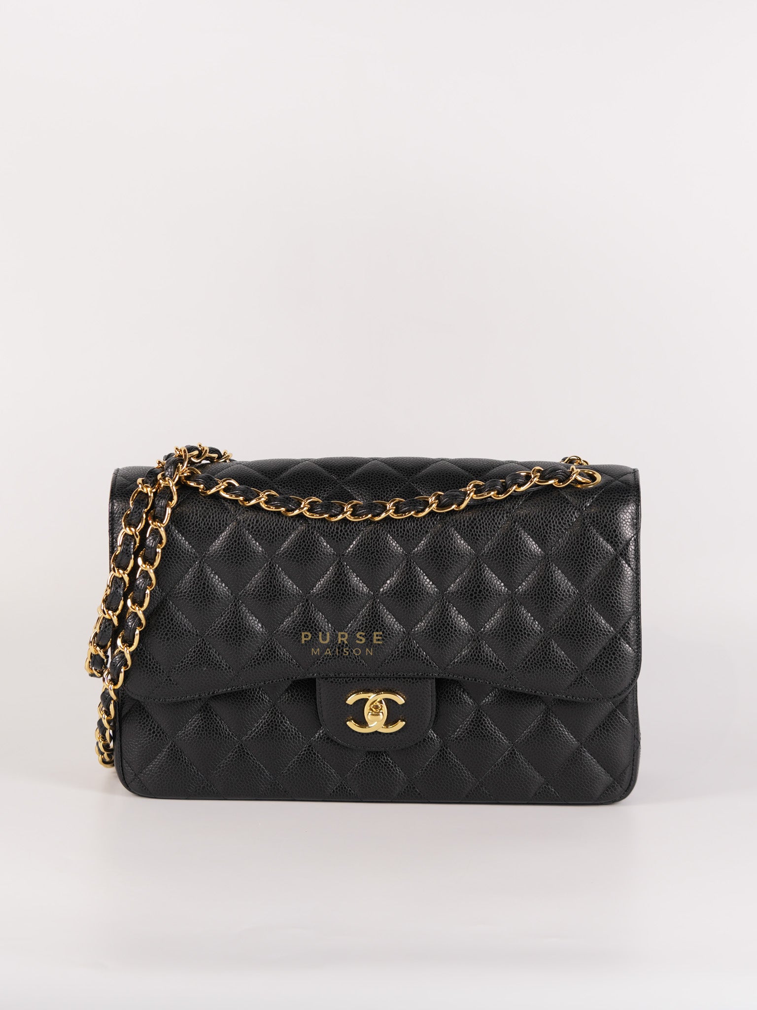 Classic Double Flap Medium in Black Quilted Caviar Leather in Gold Harcware Series 20 | Purse Maison Luxury Bags Shop
