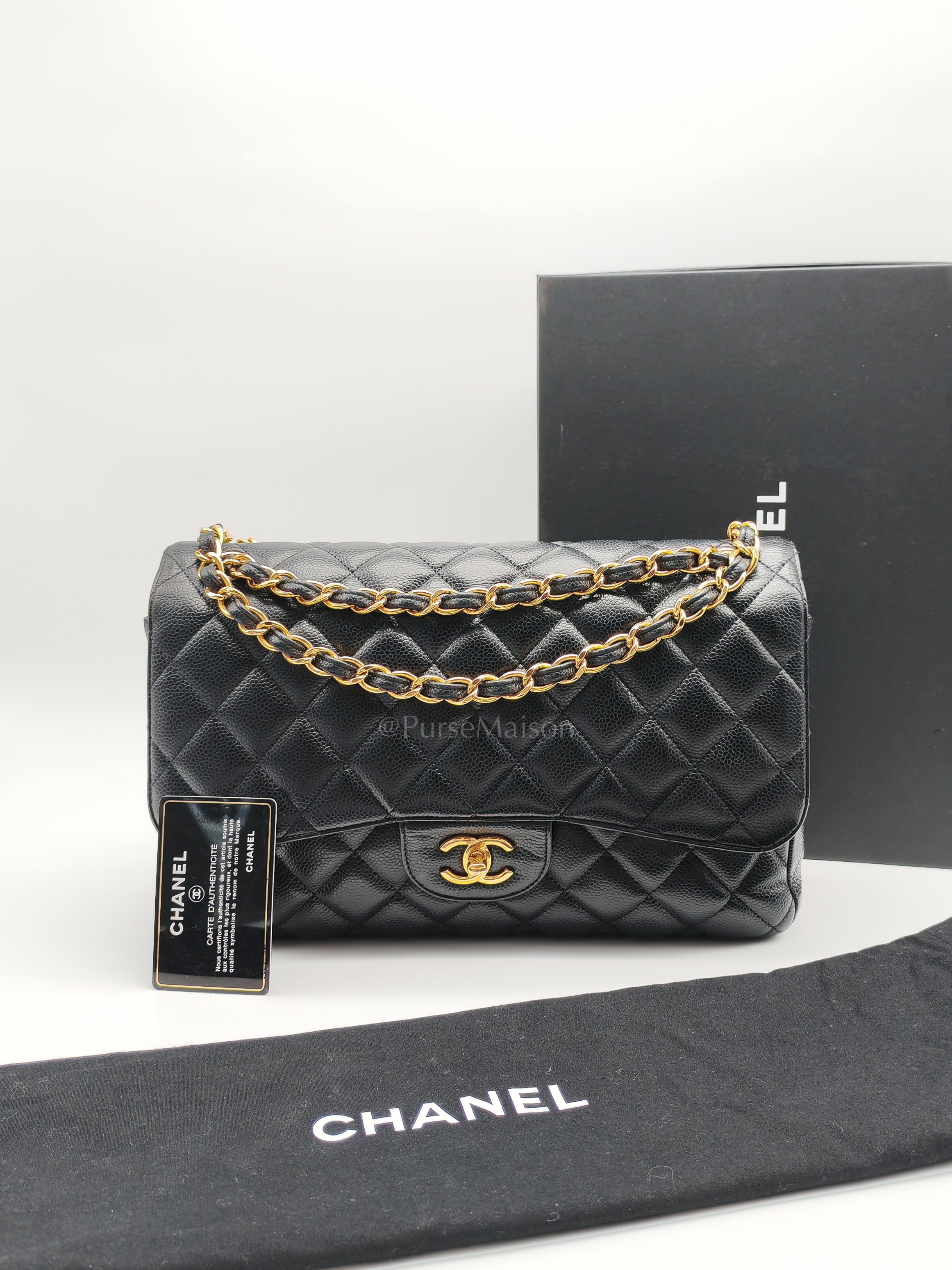 Classic Double Flap Jumbo in Black Quilted Caviar Leather & Gold Hardware Series 16 | Purse Maison Luxury Bags Shop