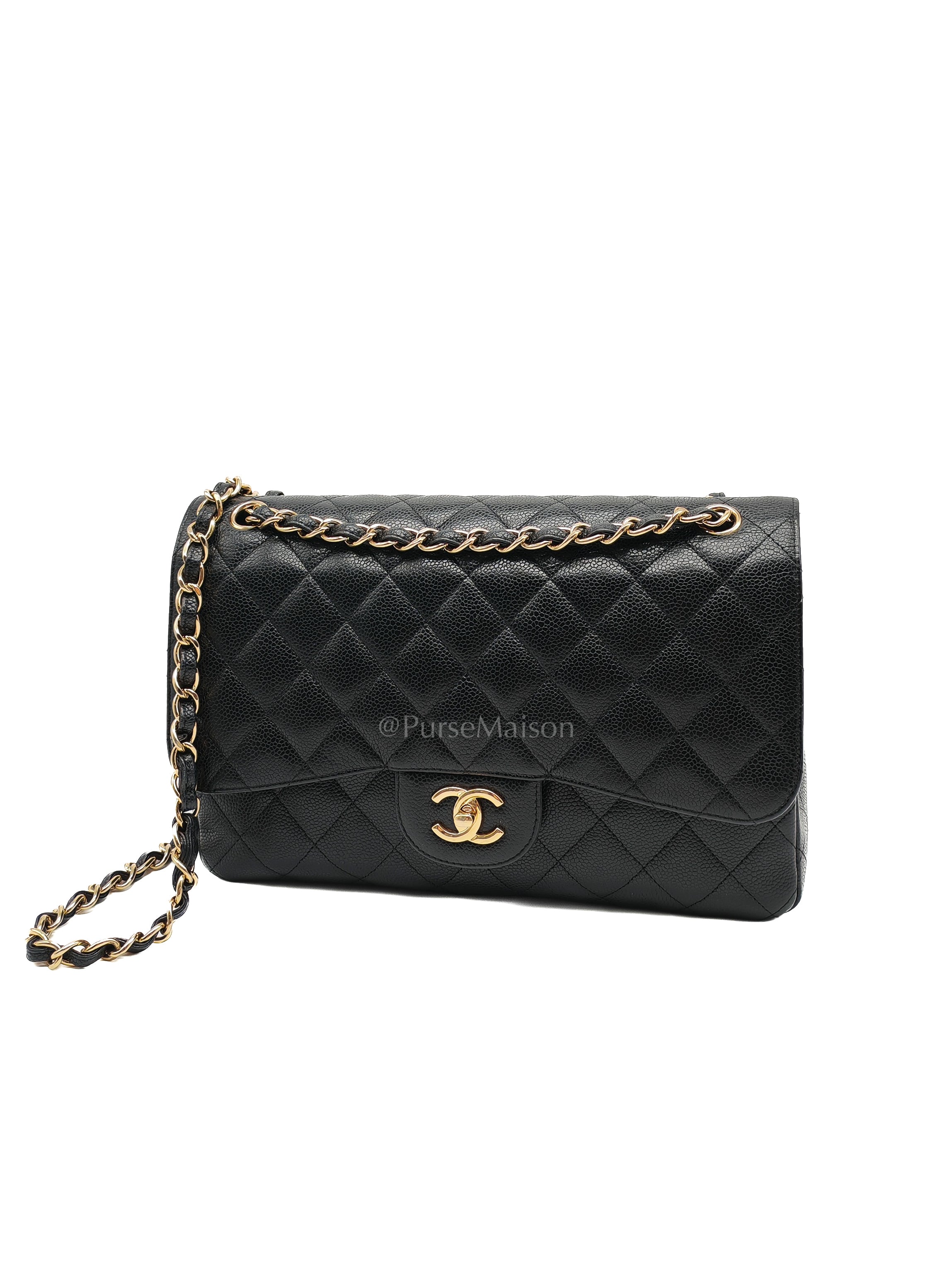Classic Double Flap Jumbo in Black Quilted Caviar Leather & Gold Hardware Series 18 | Purse Maison Luxury Bags Shop