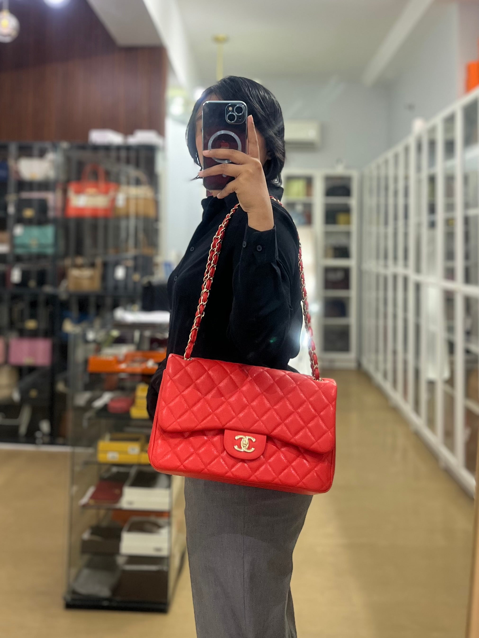 Classic Double Flap Jumbo in Dark Coral Caviar Leather Light Gold Hardware(Series 27) | Purse Maison Luxury Bags Shop