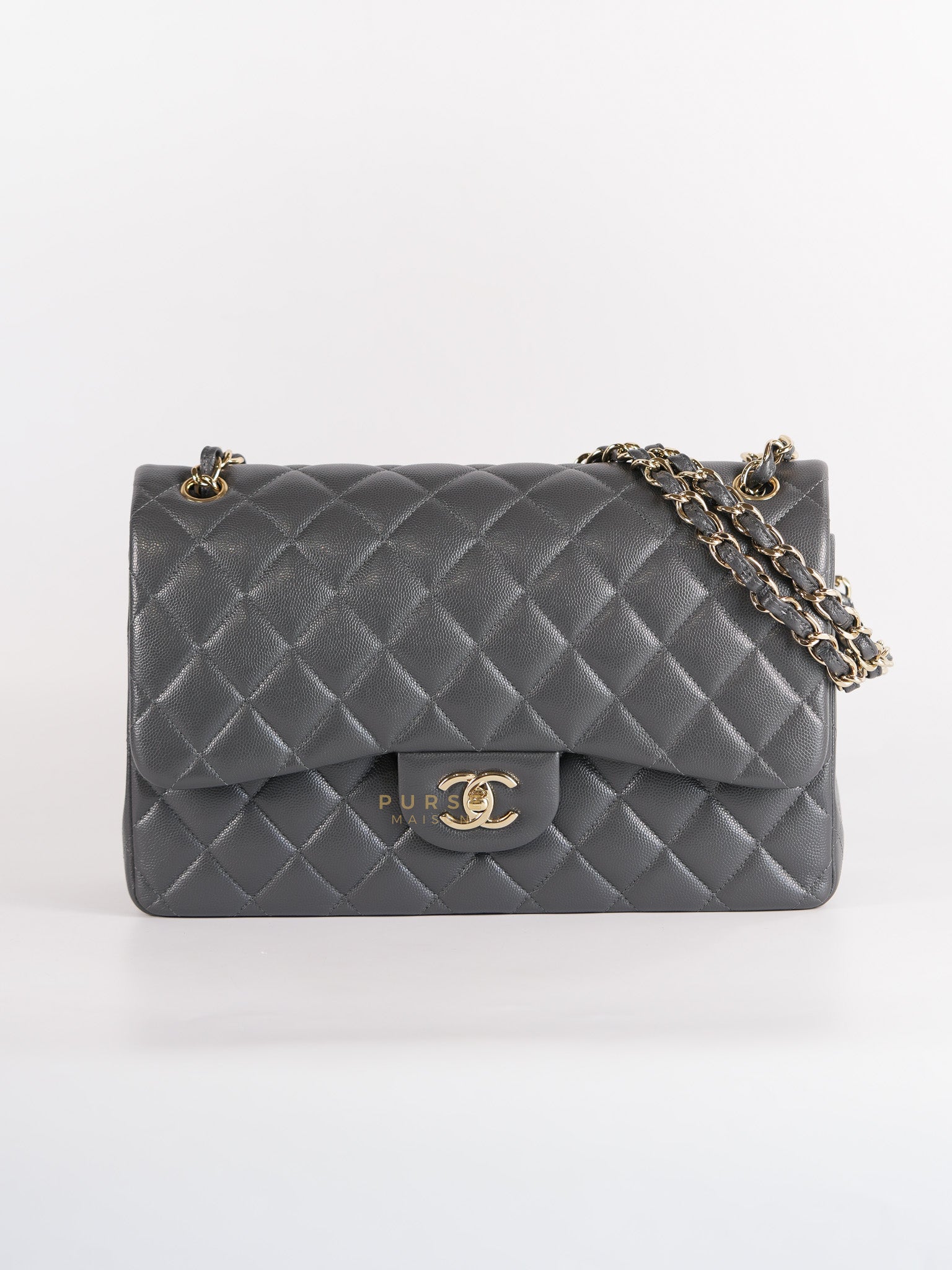 Classic Double Flap Jumbo in Dark Gray Caviar Light Gold Hardware (Microchip) | Purse Maison Luxury Bags Shop