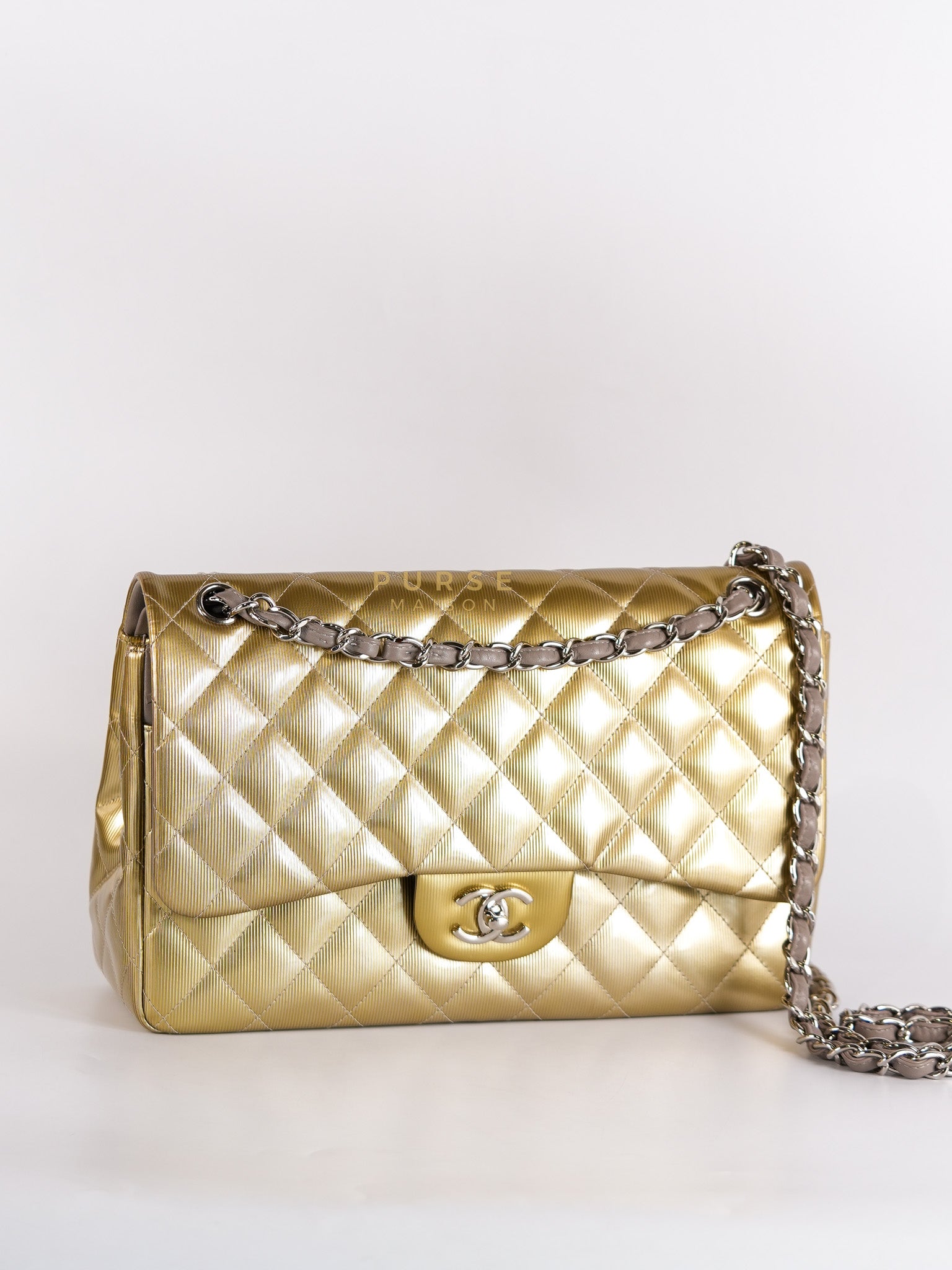Classic Double Flap Jumbo in Gold Quilted Patent Leather & Silver Hardware Series 17 | Purse Maison Luxury Bags Shop