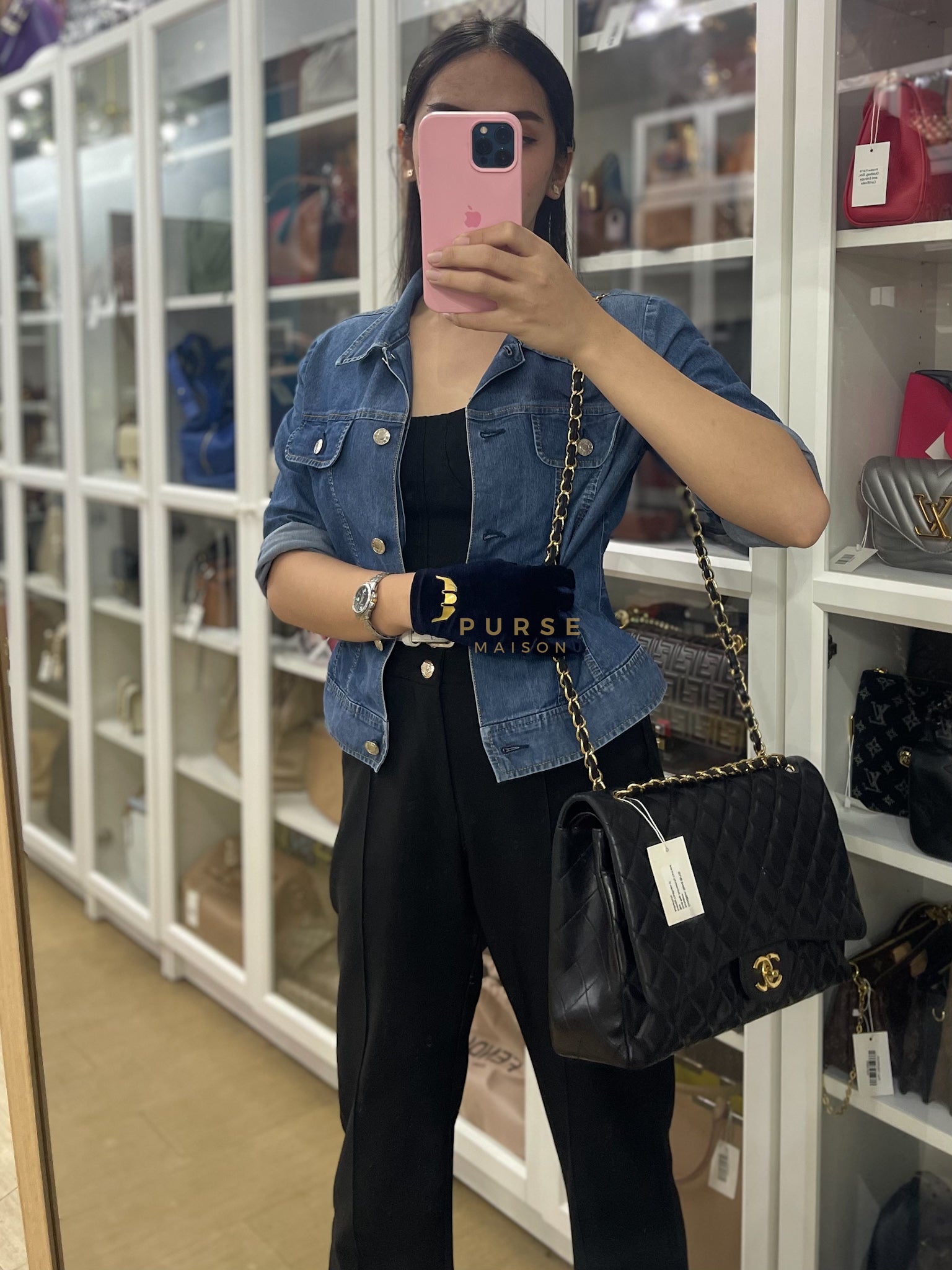 Classic Double Flap Maxi in Black Lambskin Leather and Gold Hardware Series 14 | Purse Maison Luxury Bags Shop