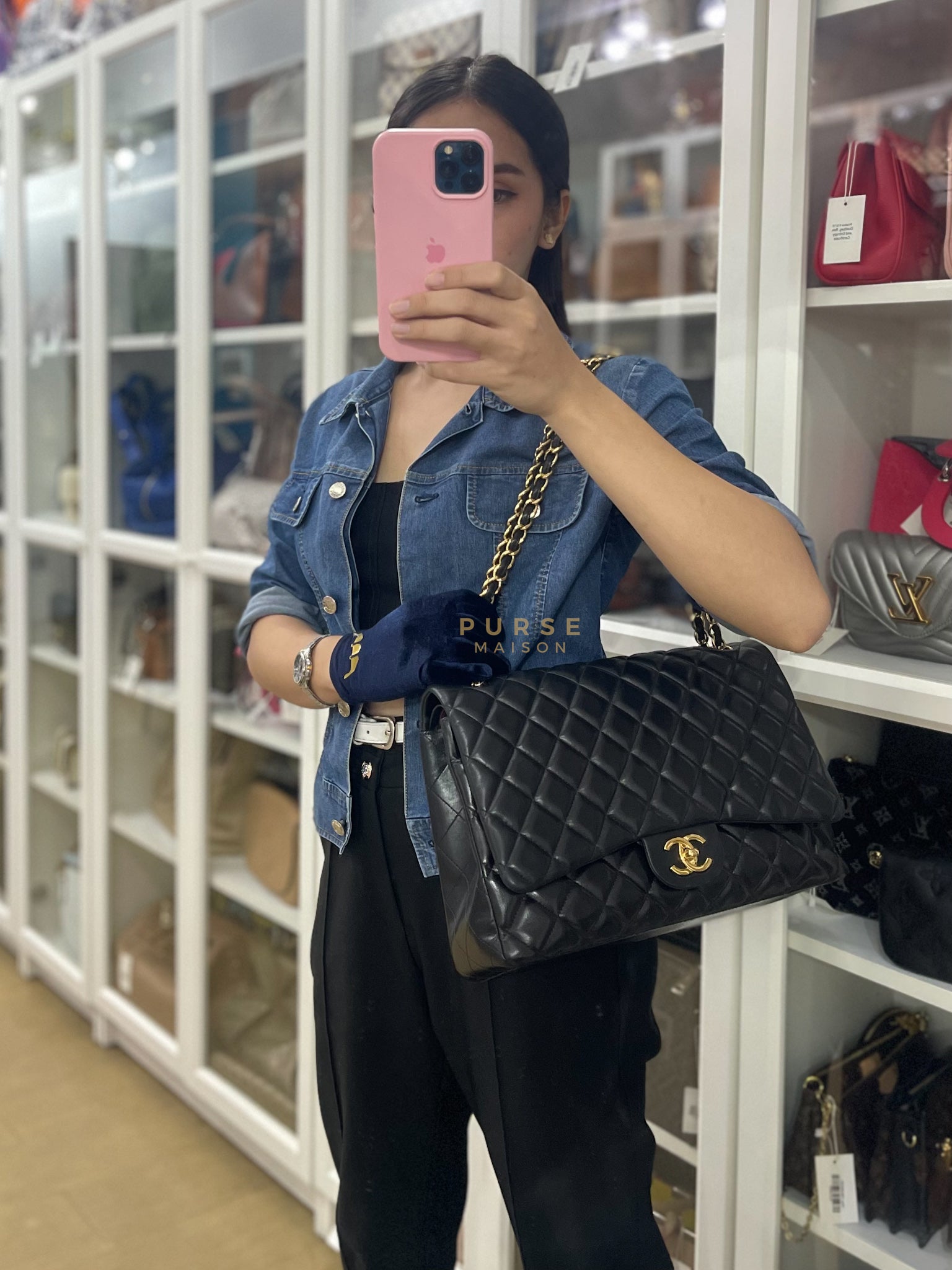 Classic Double Flap Maxi in Black Lambskin Leather and Gold Hardware Series 14 | Purse Maison Luxury Bags Shop