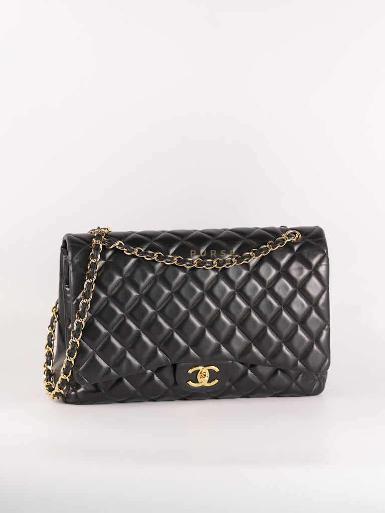 Classic Double Flap Maxi in Black Lambskin Leather and Gold Hardware Series 14 | Purse Maison Luxury Bags Shop