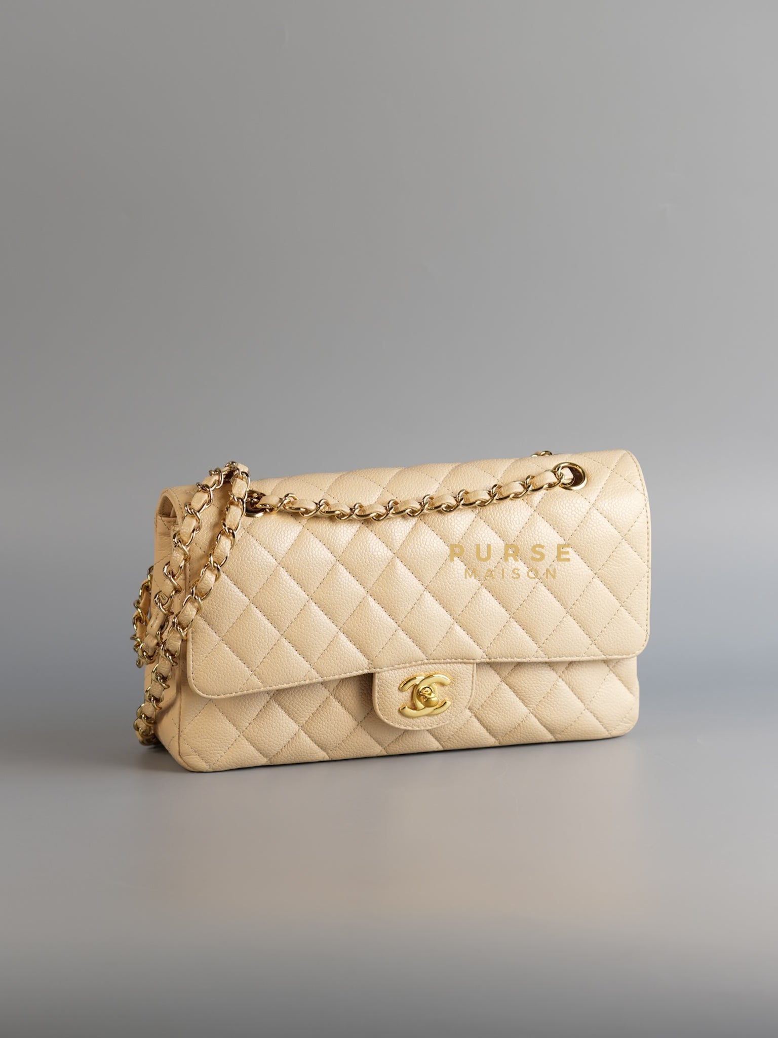 Classic Double Flap Medium Bag in Beige Clair Caviar Leather & Gold Hardware Series 13 | Purse Maison Luxury Bags Shop