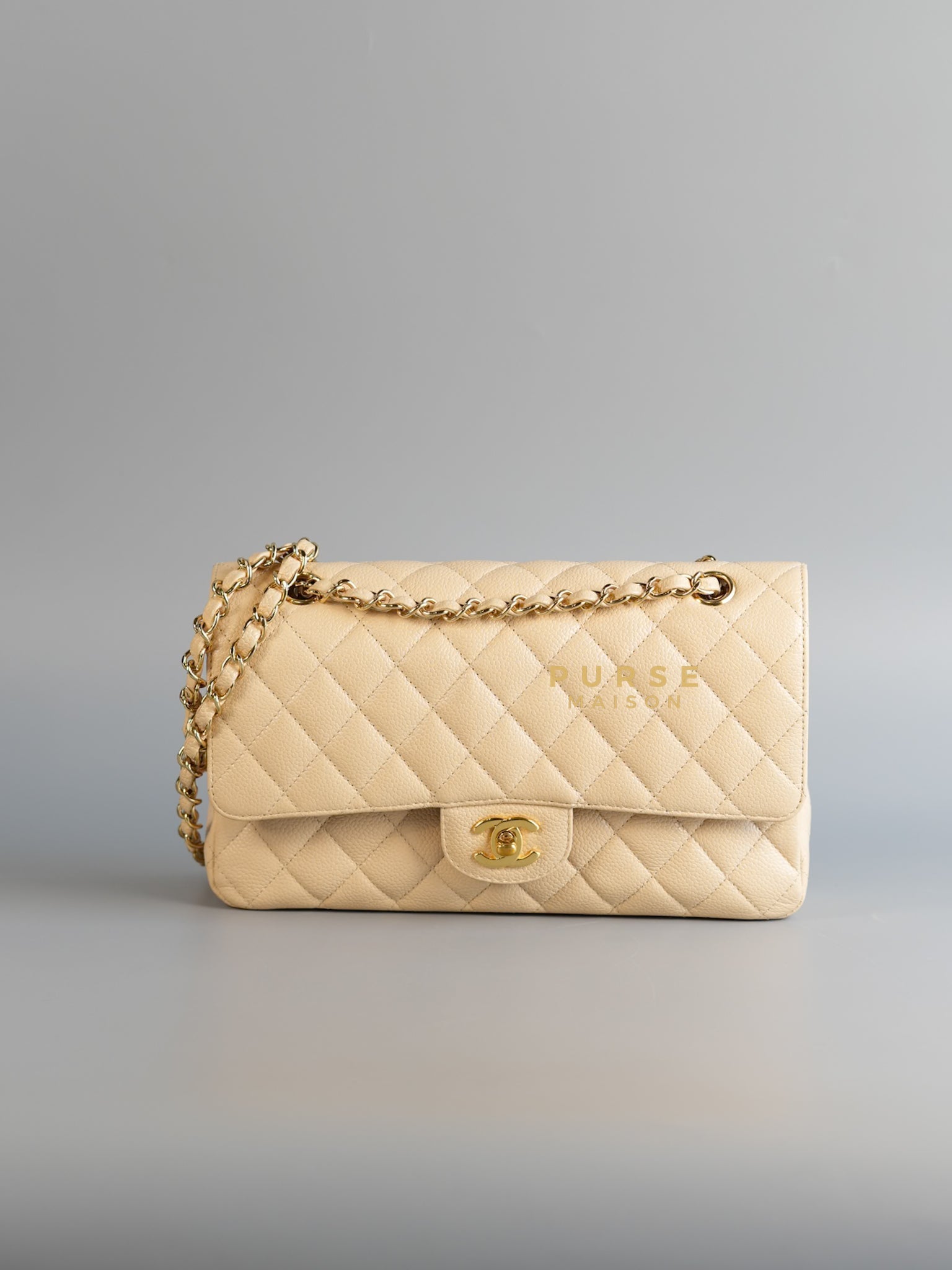 Classic Double Flap Medium Bag in Beige Clair Caviar Leather & Gold Hardware Series 13 | Purse Maison Luxury Bags Shop