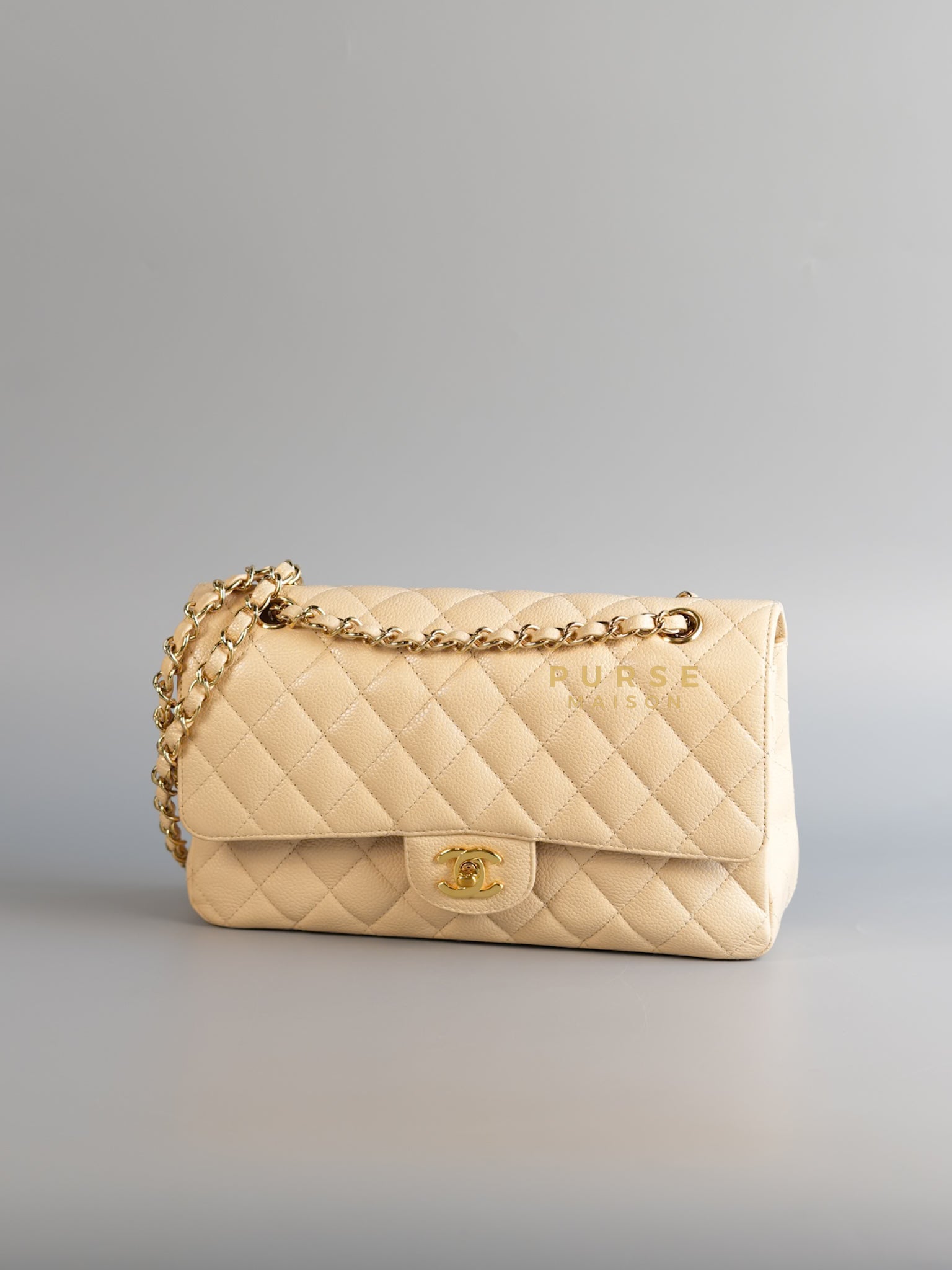 Classic Double Flap Medium Bag in Beige Clair Caviar Leather & Gold Hardware Series 13 | Purse Maison Luxury Bags Shop