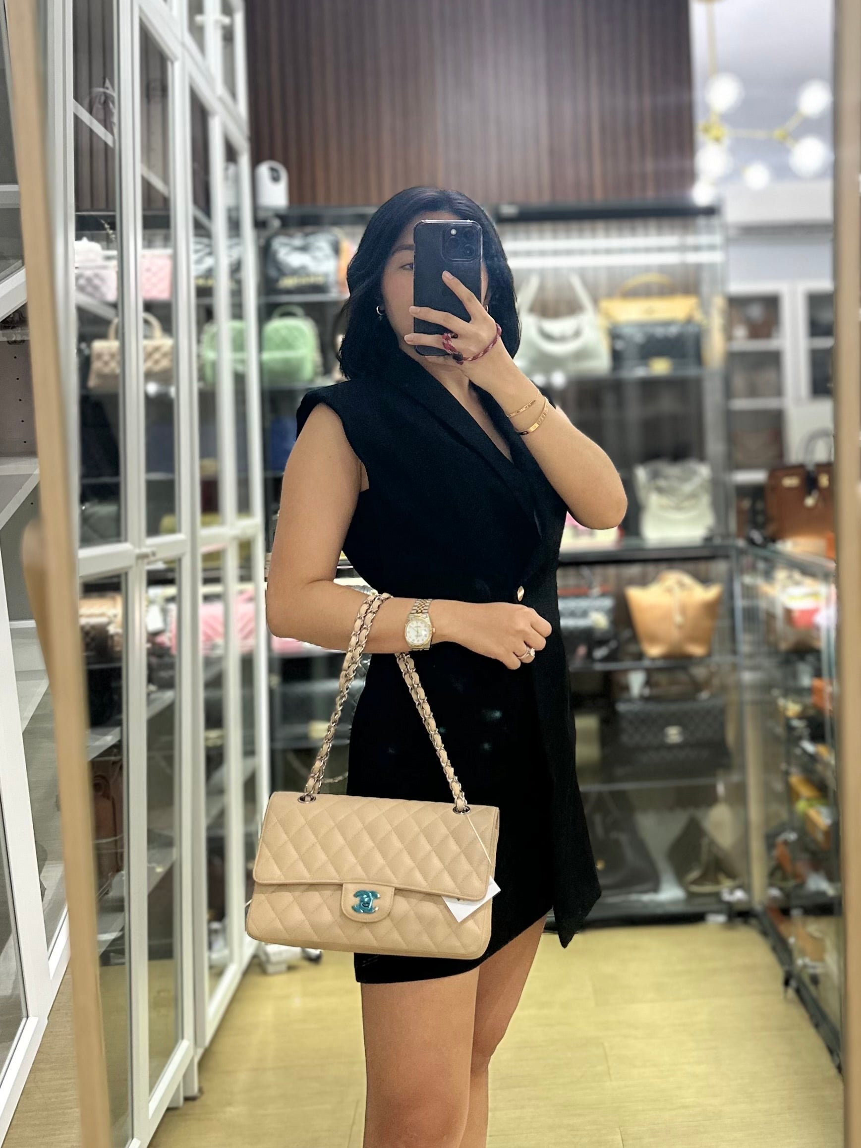 Classic Double Flap Medium Bag in Beige Clair Caviar Leather & Silver Hardware Series 13 | Purse Maison Luxury Bags Shop