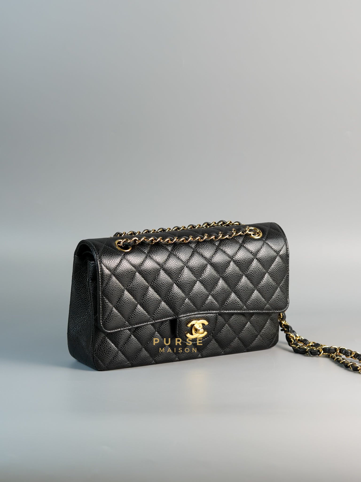 Classic Double Flap Medium Bag in Black Caviar Leather & Gold Hardware (Microchip) | Purse Maison Luxury Bags Shop