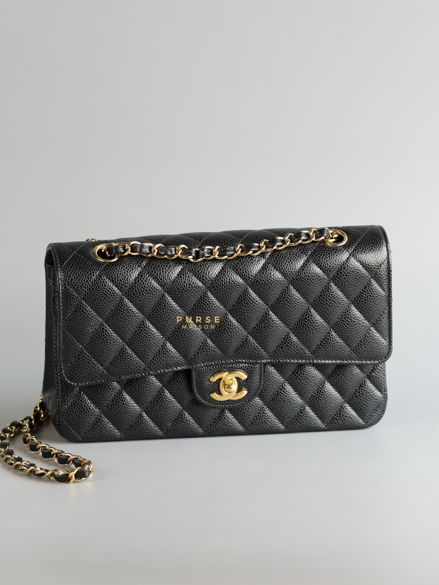 Classic Double Flap Medium Bag in Black Caviar Leather & Gold Hardware (Microchip) | Purse Maison Luxury Bags Shop