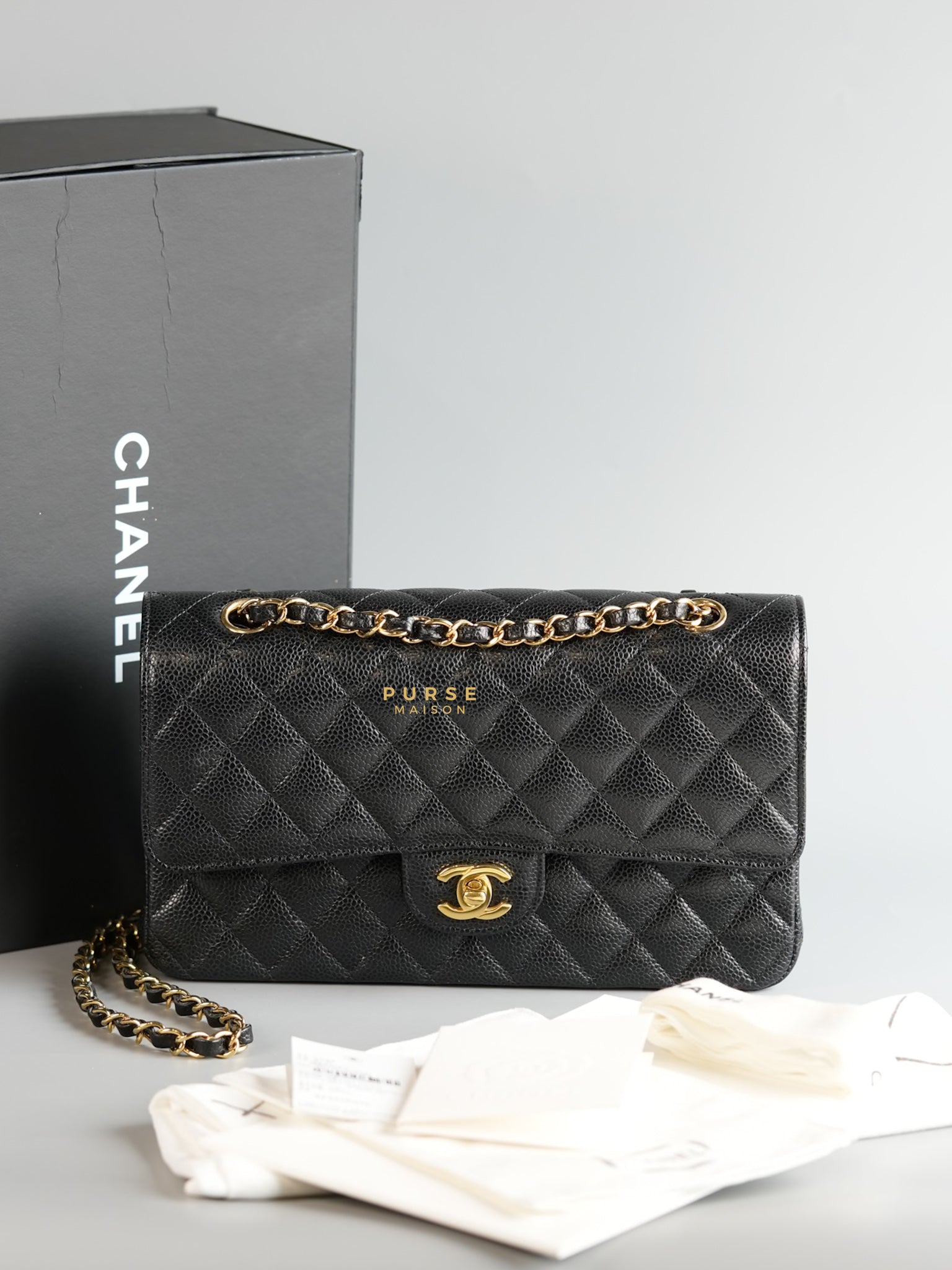 Classic Double Flap Medium Bag in Black Caviar Leather & Gold Hardware (Microchip) | Purse Maison Luxury Bags Shop