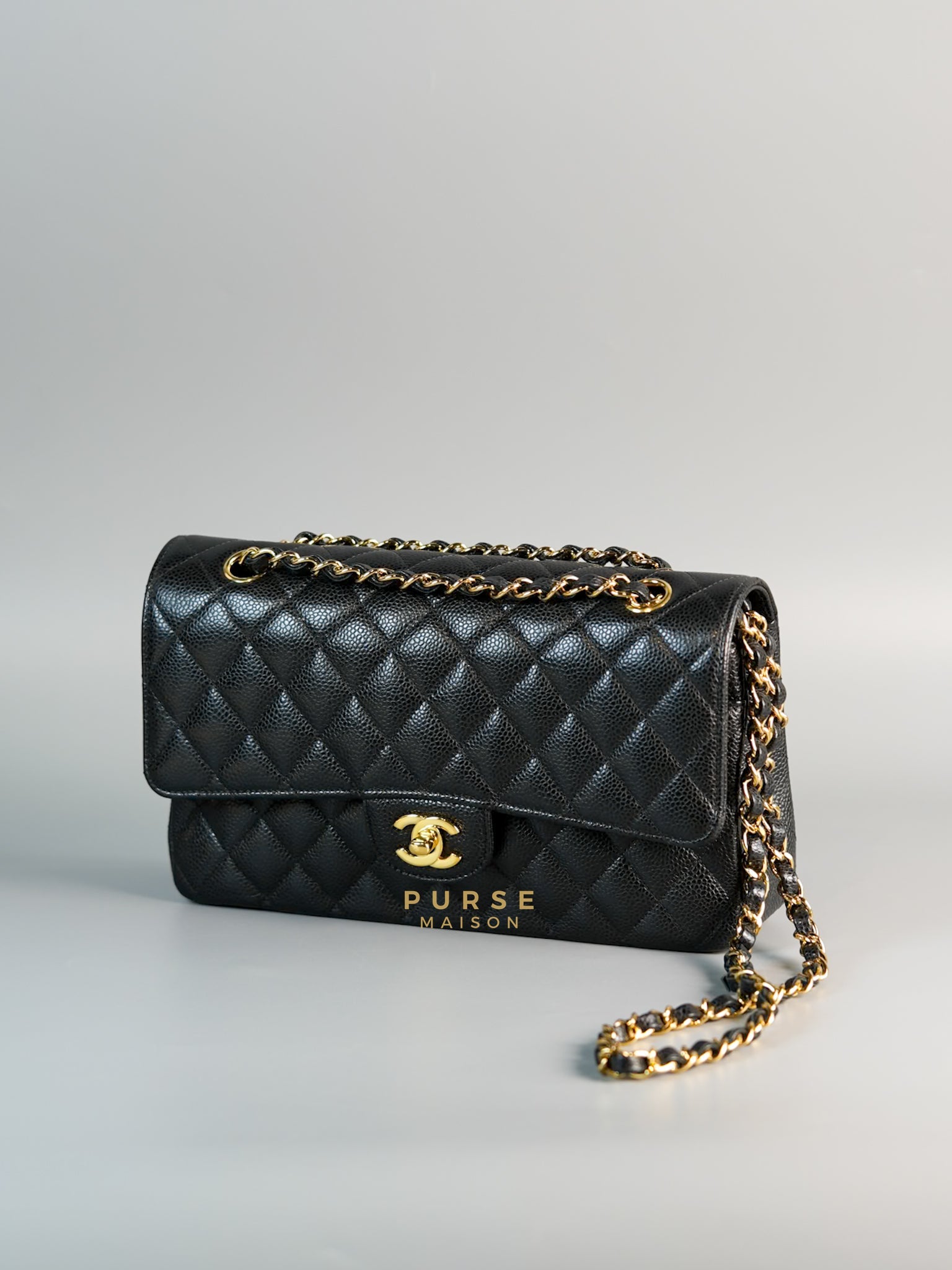 Classic Double Flap Medium Bag in Black Caviar Leather & Gold Hardware (Microchip) | Purse Maison Luxury Bags Shop