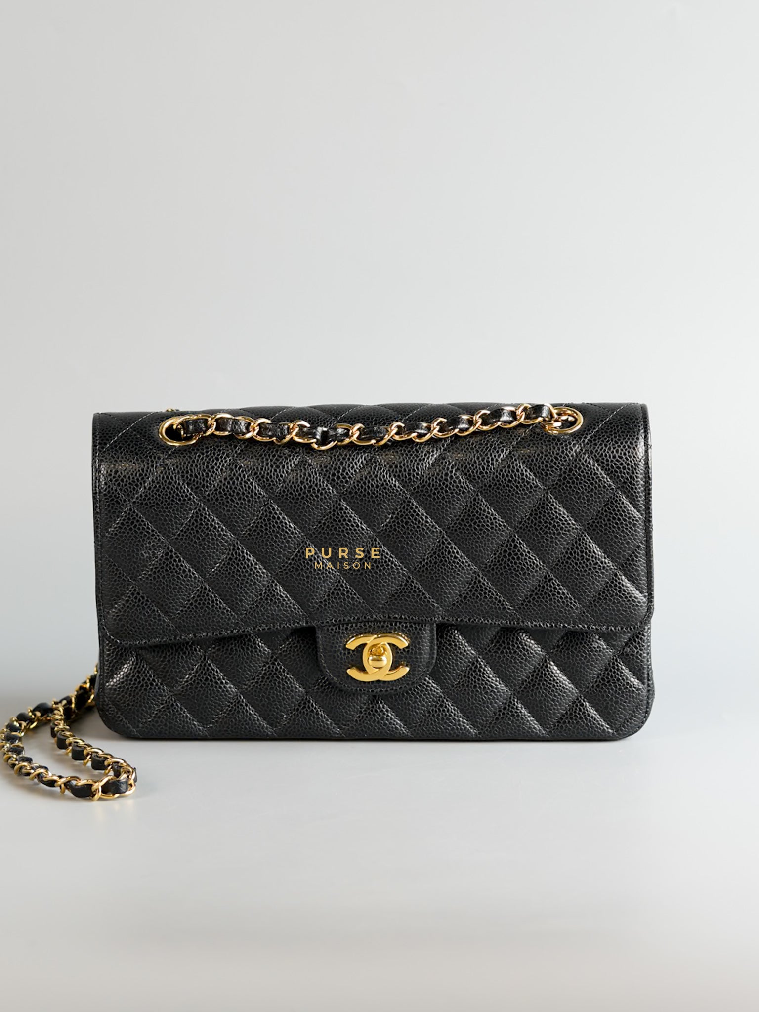 Classic Double Flap Medium Bag in Black Caviar Leather & Gold Hardware (Microchip) | Purse Maison Luxury Bags Shop